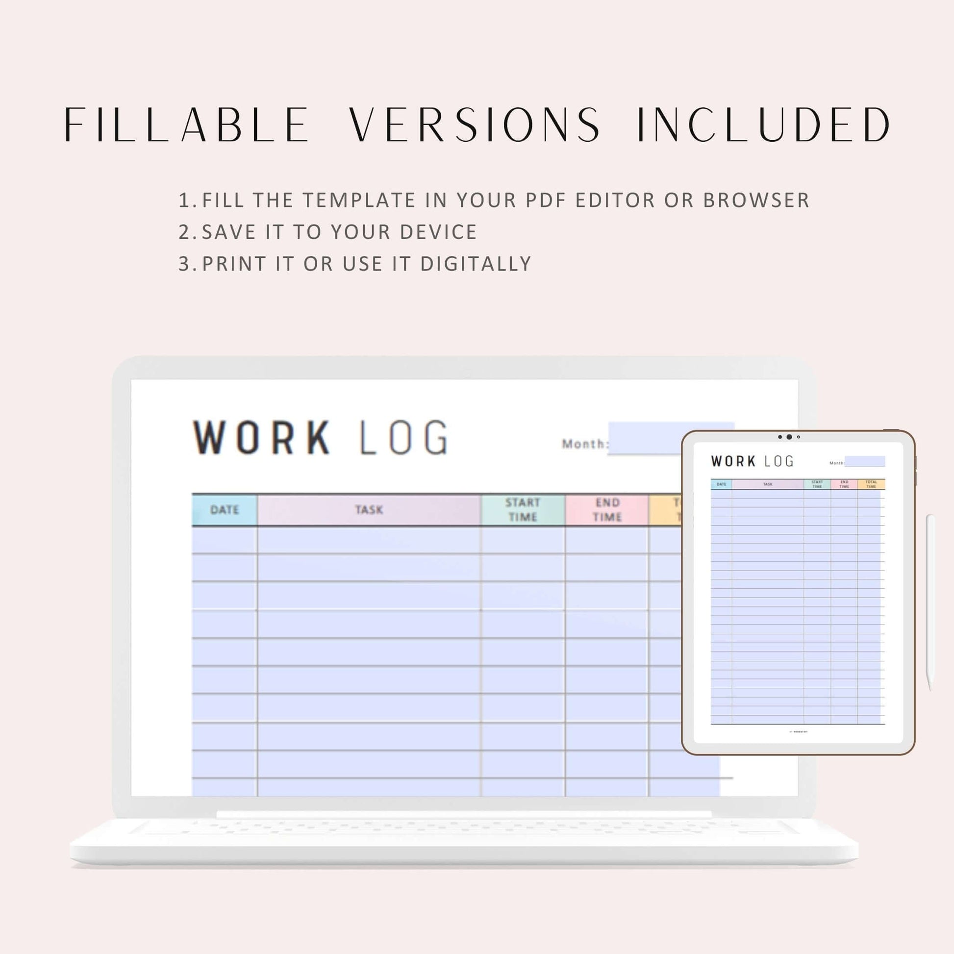 Printable Work Log Template, A4, A5, Letter, Half Letter, Printable Inserts, Fillable Planner, Colorful Page