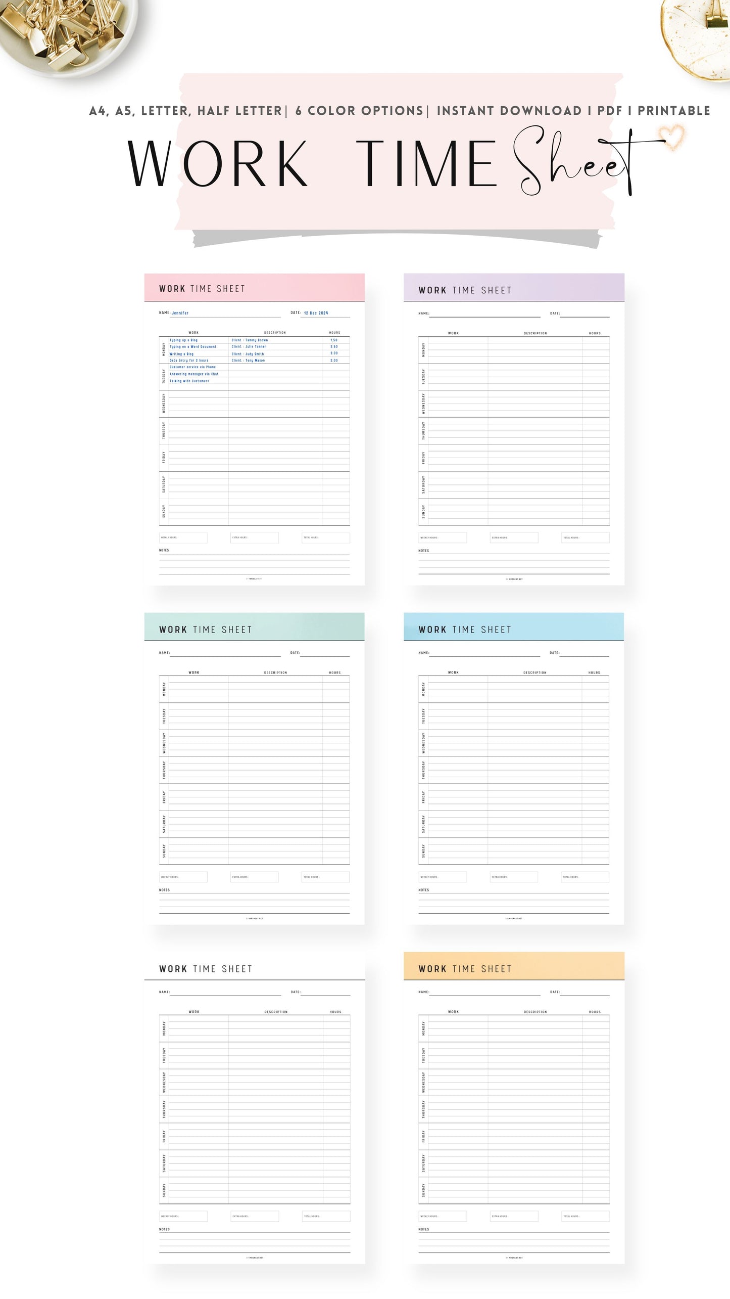 Colorful Printable Work Time Sheet Template