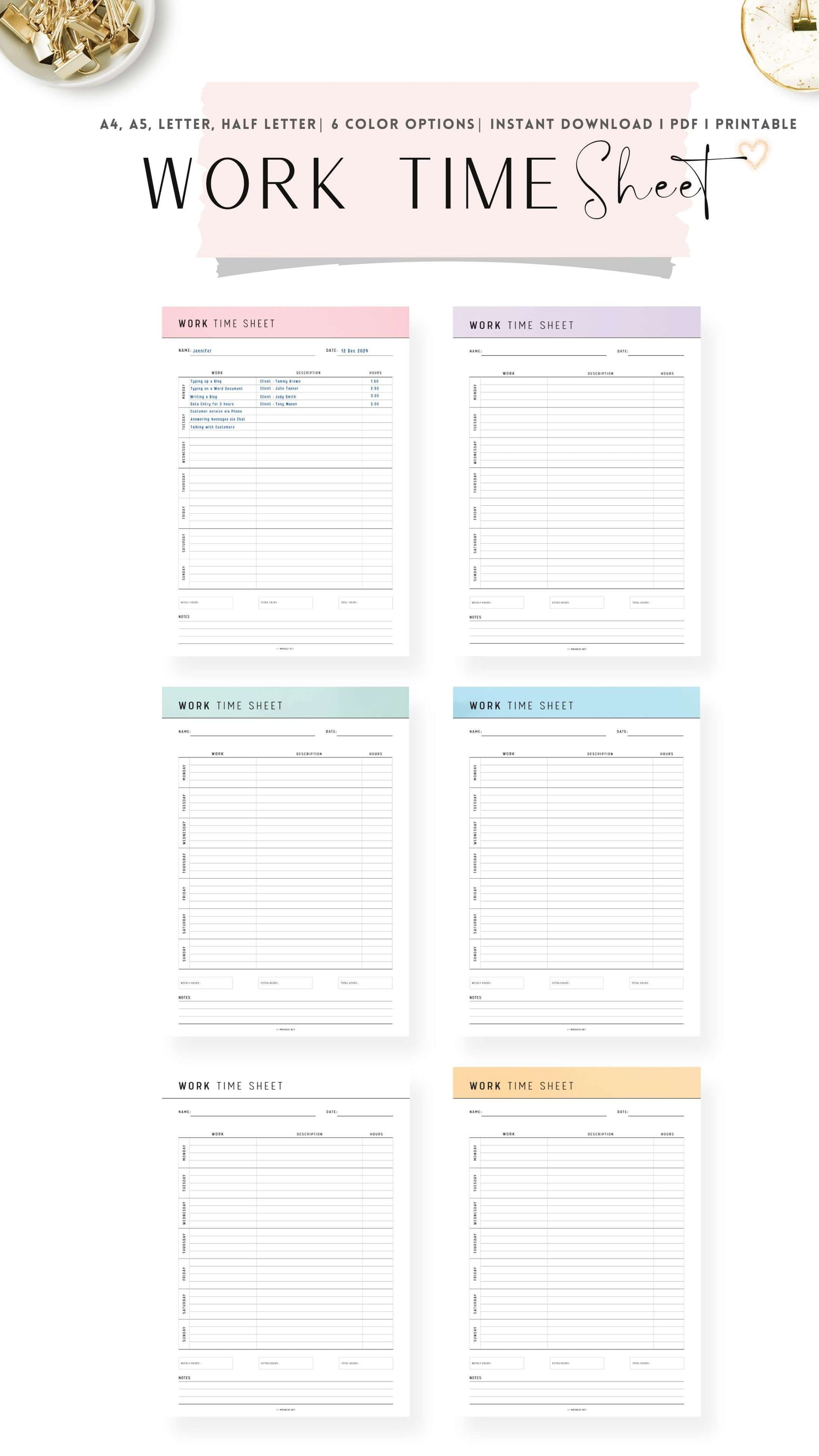 Colorful Printable Work Time Sheet Template