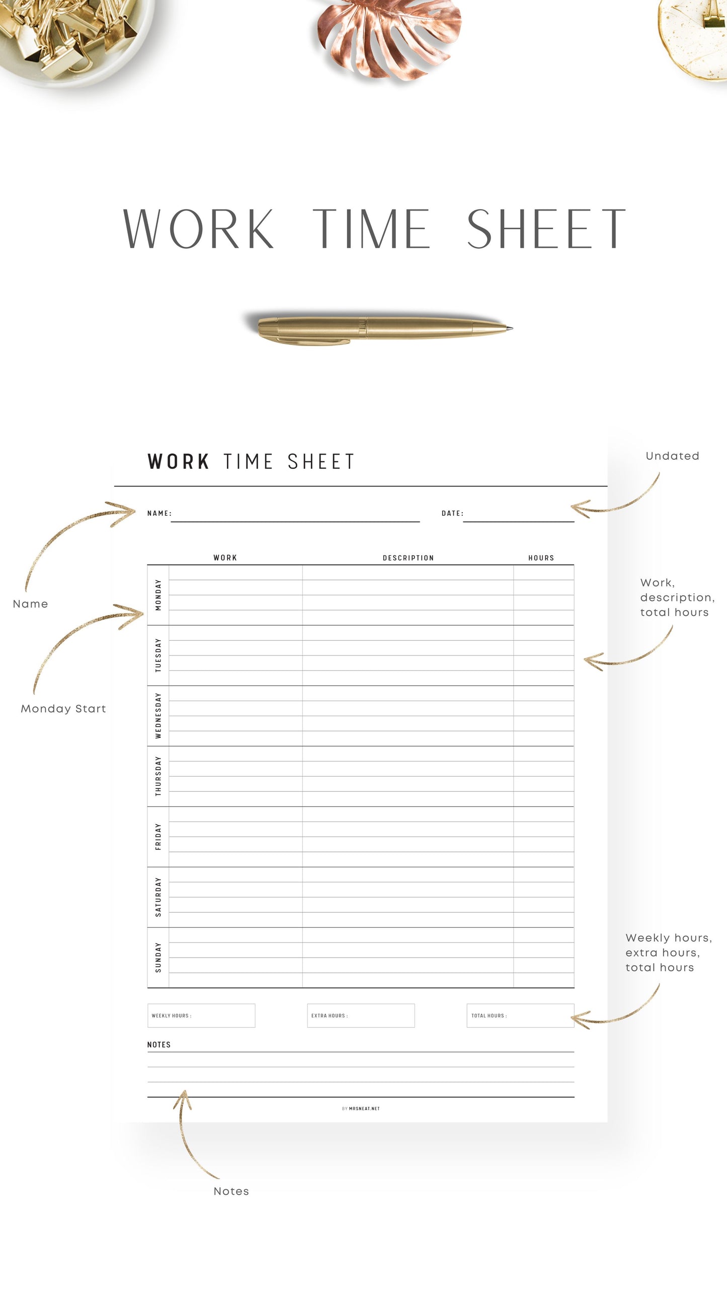 Aesthetic Clean and Minimalist Printable Work Time Sheet Template