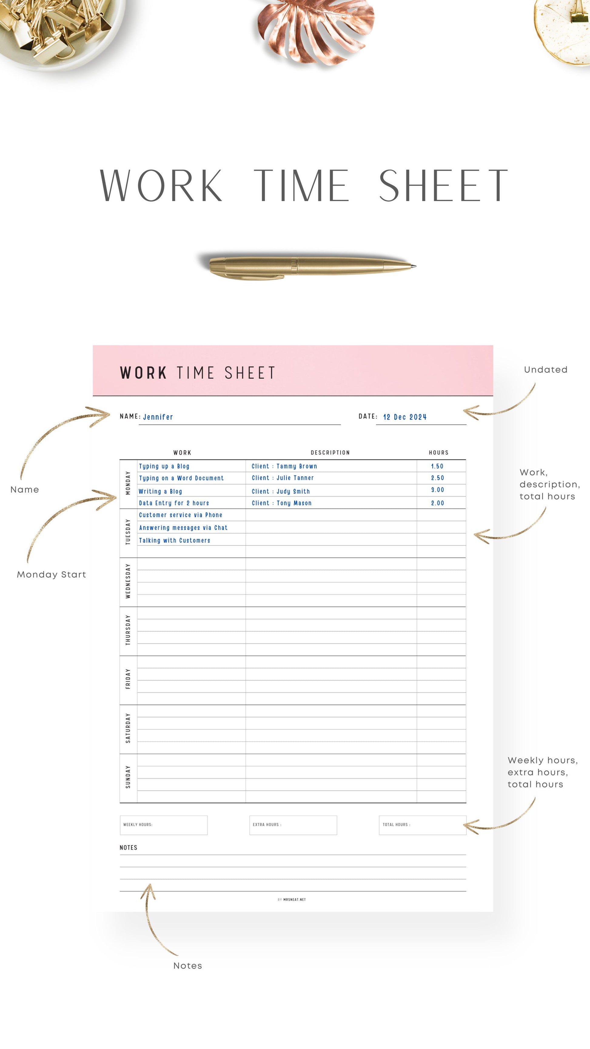 Blush Pink Printable Work Time Sheet Template