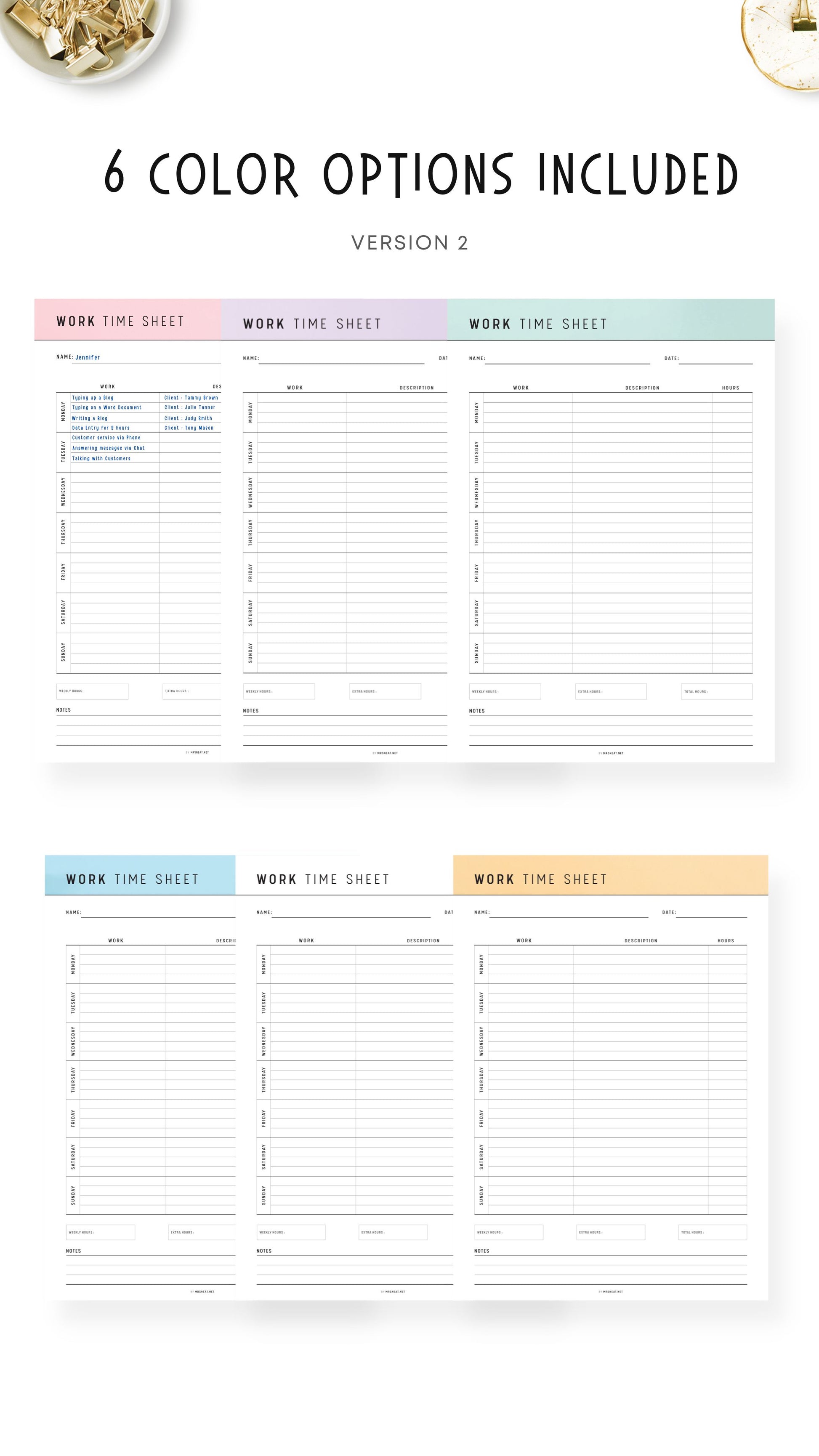 6 colors of Printable Work Time Sheet Template