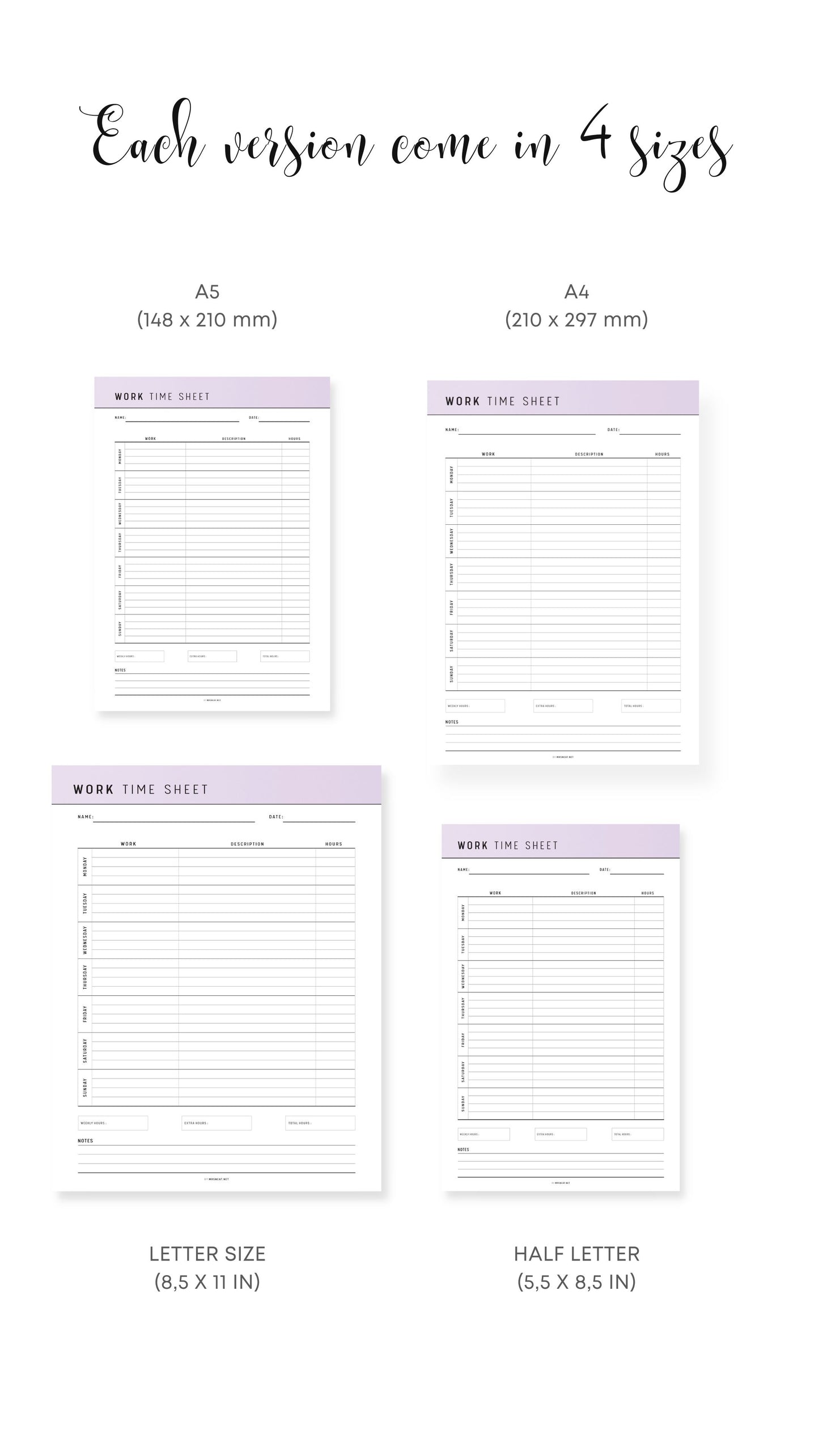 A4, A5, Letter, Half Letter Printable Work Time Sheet Template