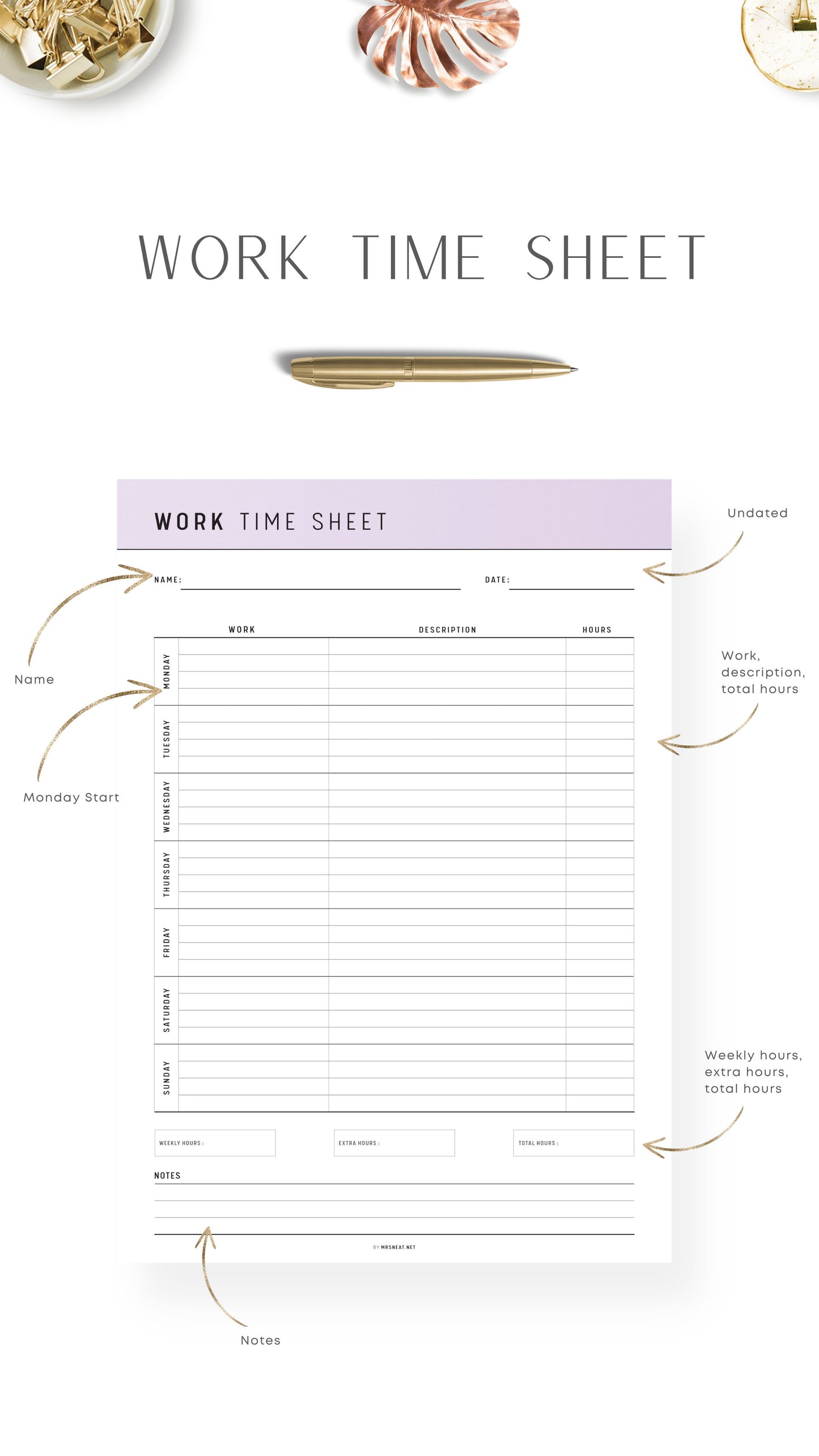 Purple Printable Work Time Sheet Template
