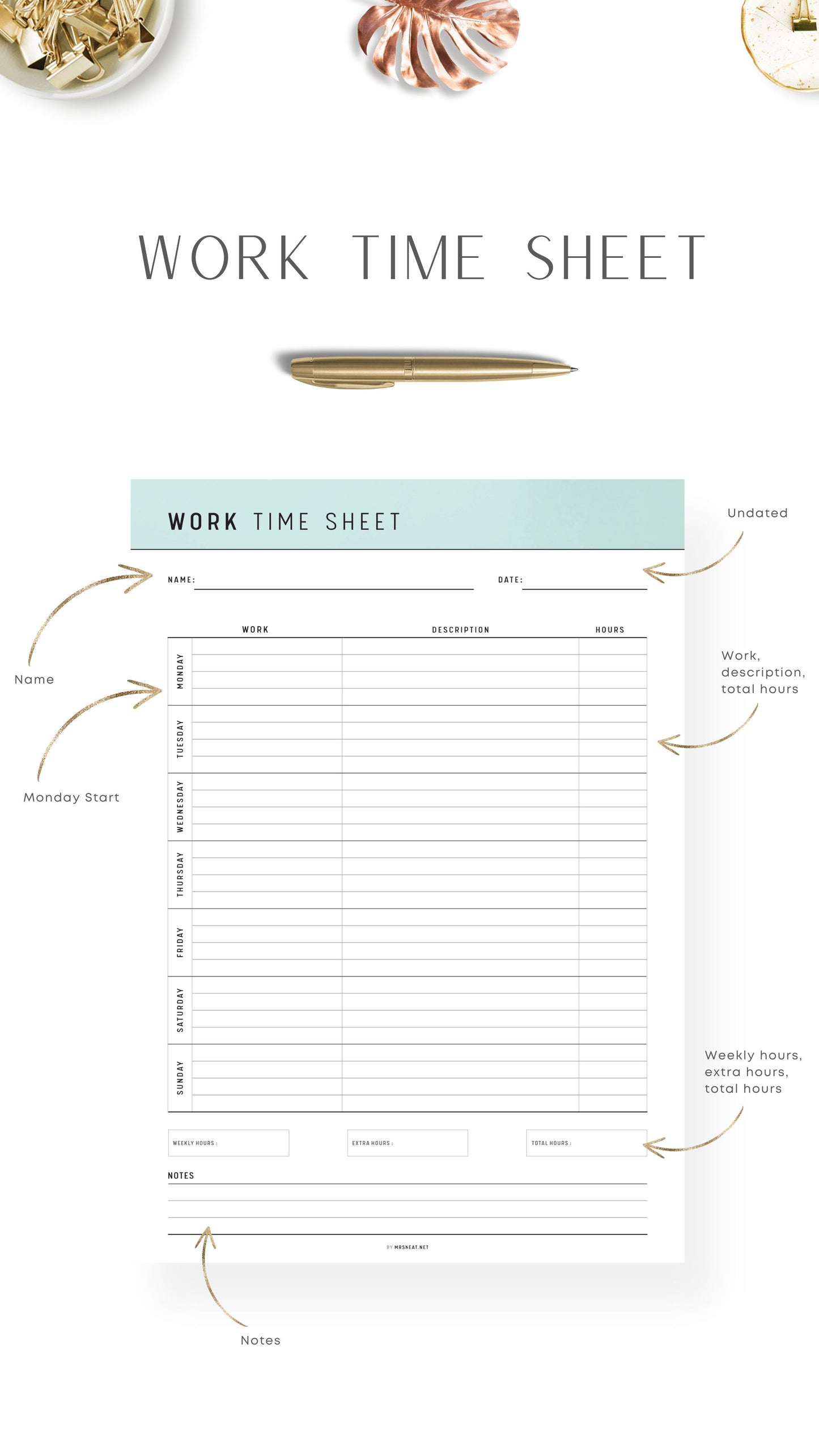 Green Printable Work Time Sheet Template