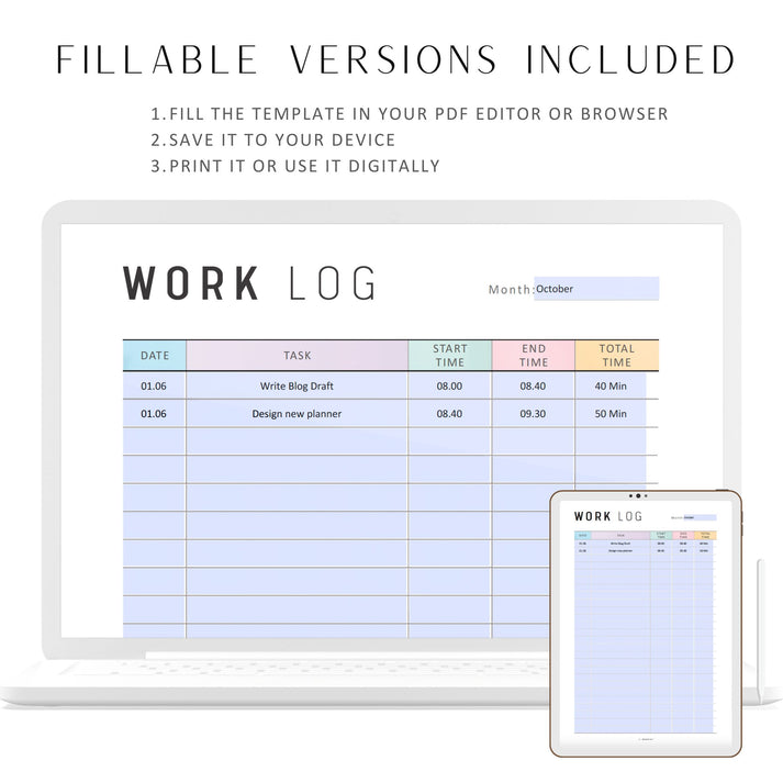 Printable Work Log Template M327 Mrsneat