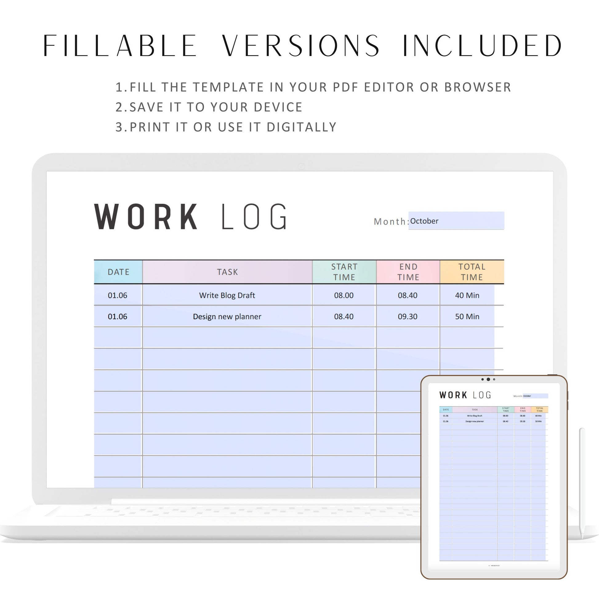 Editable Work Log Template, Work Log Printable, Monthly Work Log Planner, PDF, Colorful Page, A4, A5, Letter, Half Letter