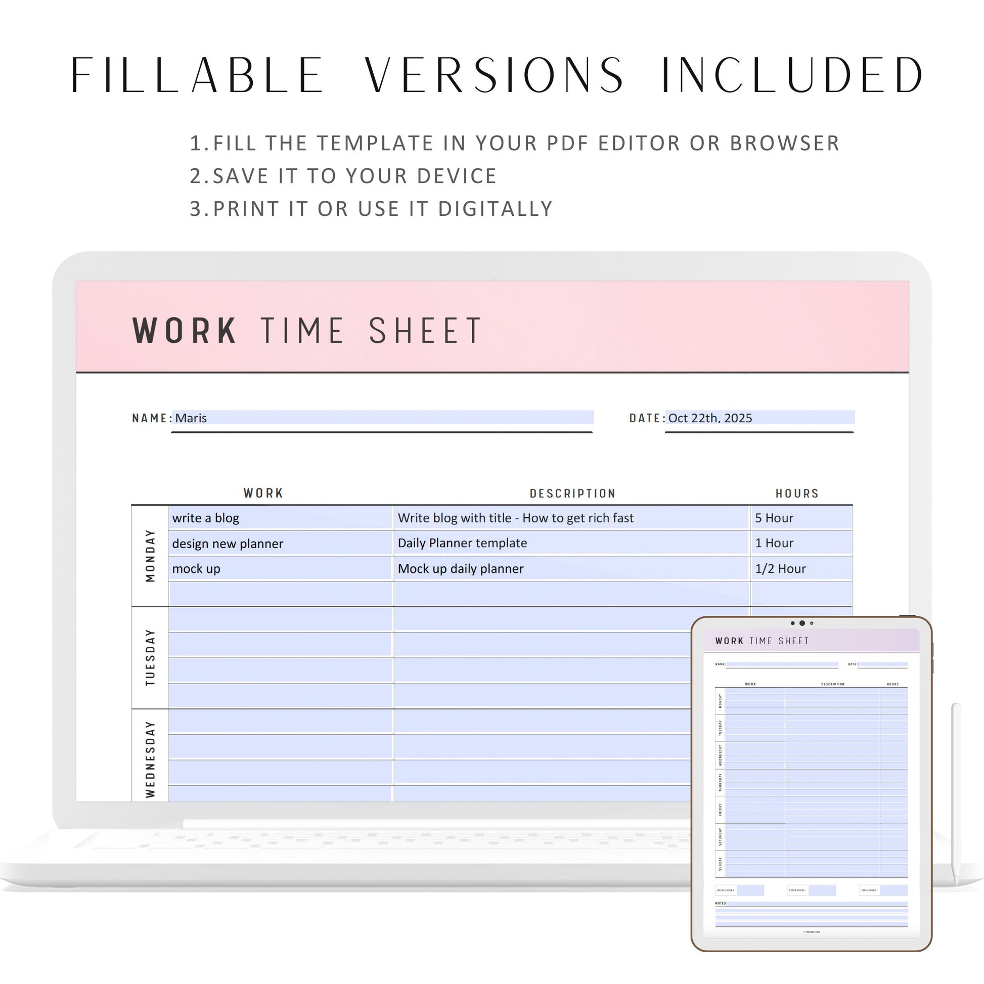 Employee Time Sheet Printable, Work Log, Time Tracker, Employee Time Card, Work Time Sheet Template, A4, A5, Letter, Half Letter, 6 colors