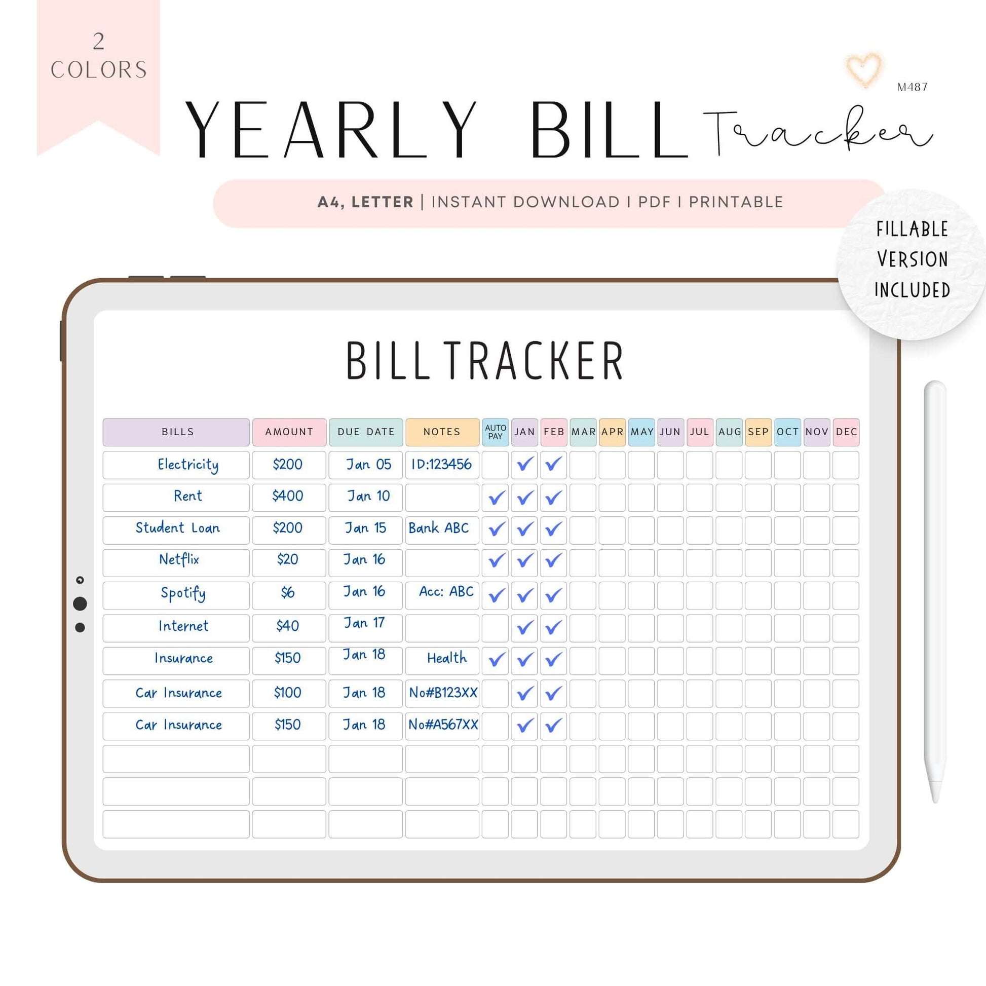 Yearly Bill Tracker Printable, Digital Planner, PDF Fillable, 2 Colors