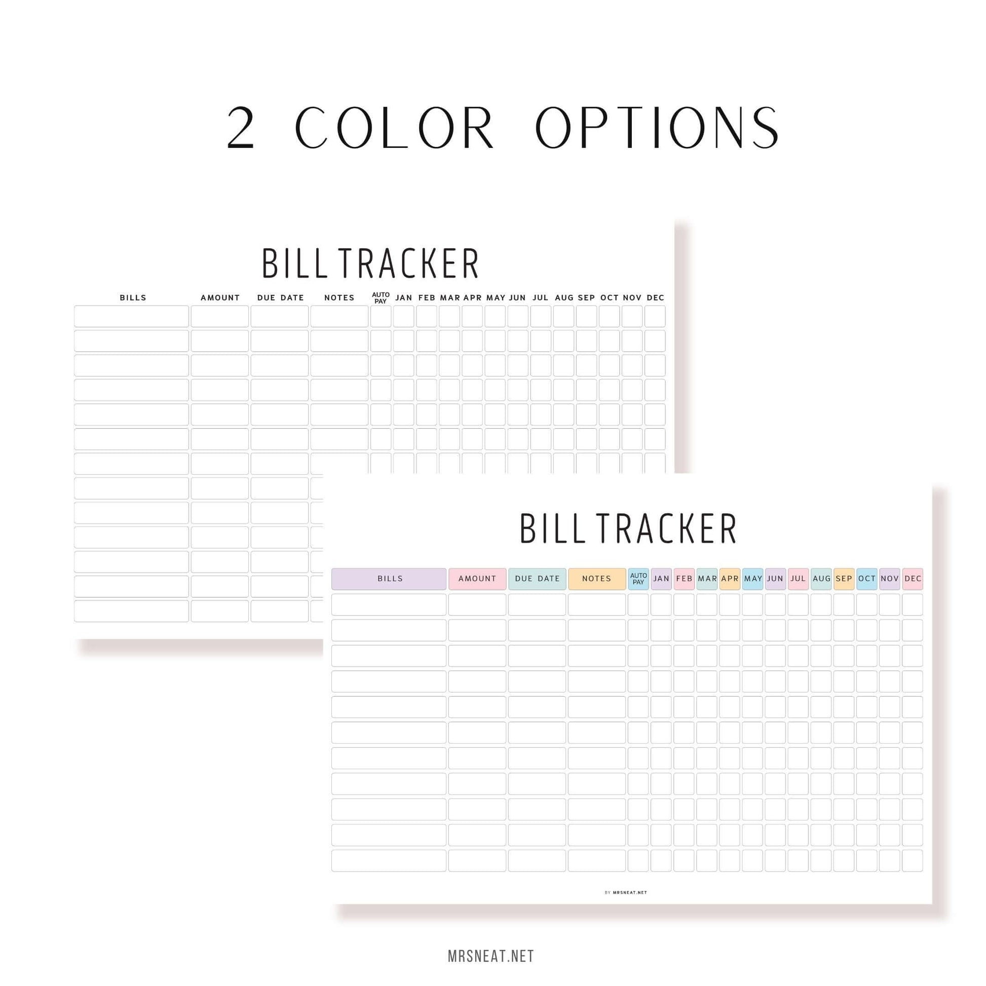 Yearly Bill Tracker Printable, Digital Planner, PDF Fillable, 2 Color options included