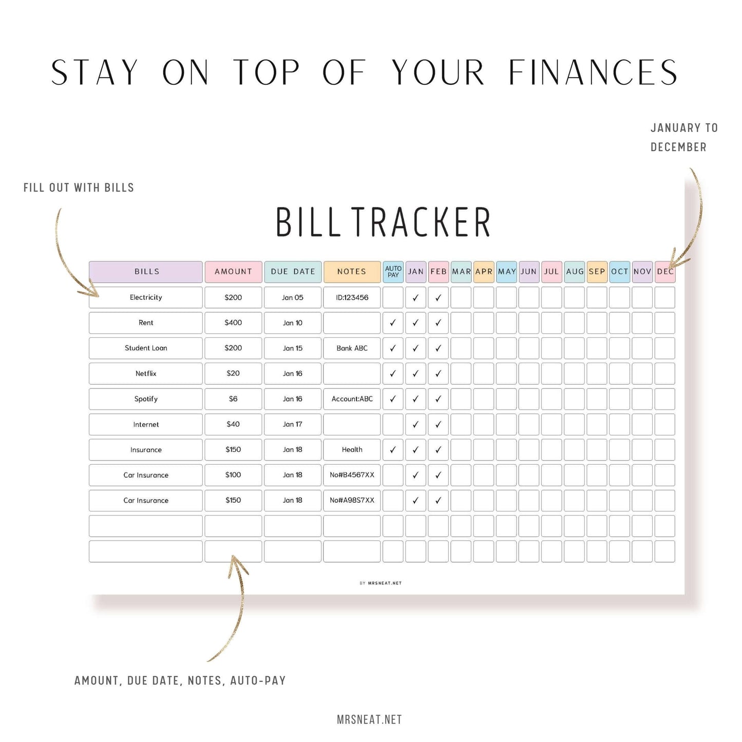 Colorful Yearly Bill Tracker Printable, Digital Planner, PDF Fillable, A4 Size