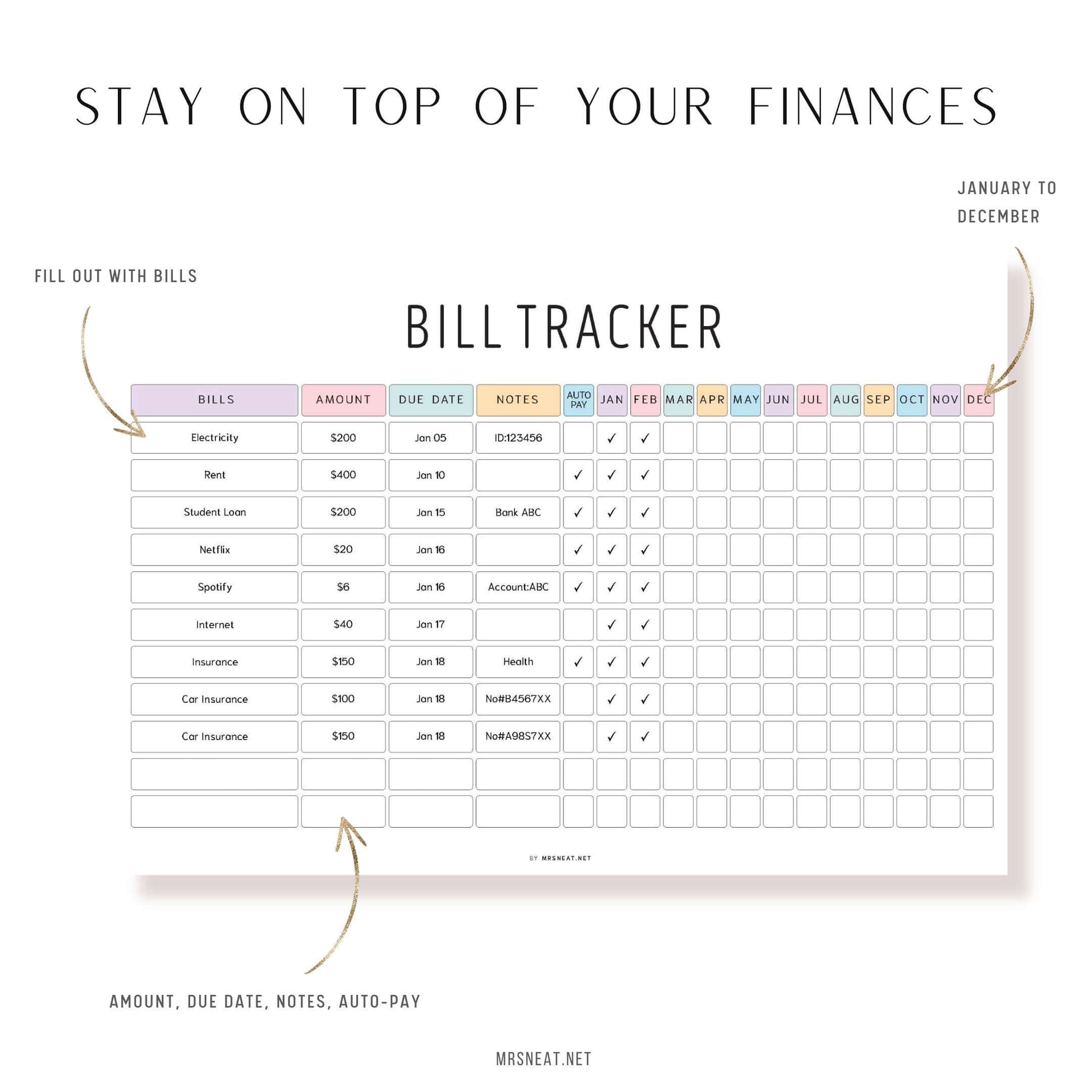 Colorful Yearly Bill Tracker Printable, Digital Planner, PDF Fillable, A4 Size