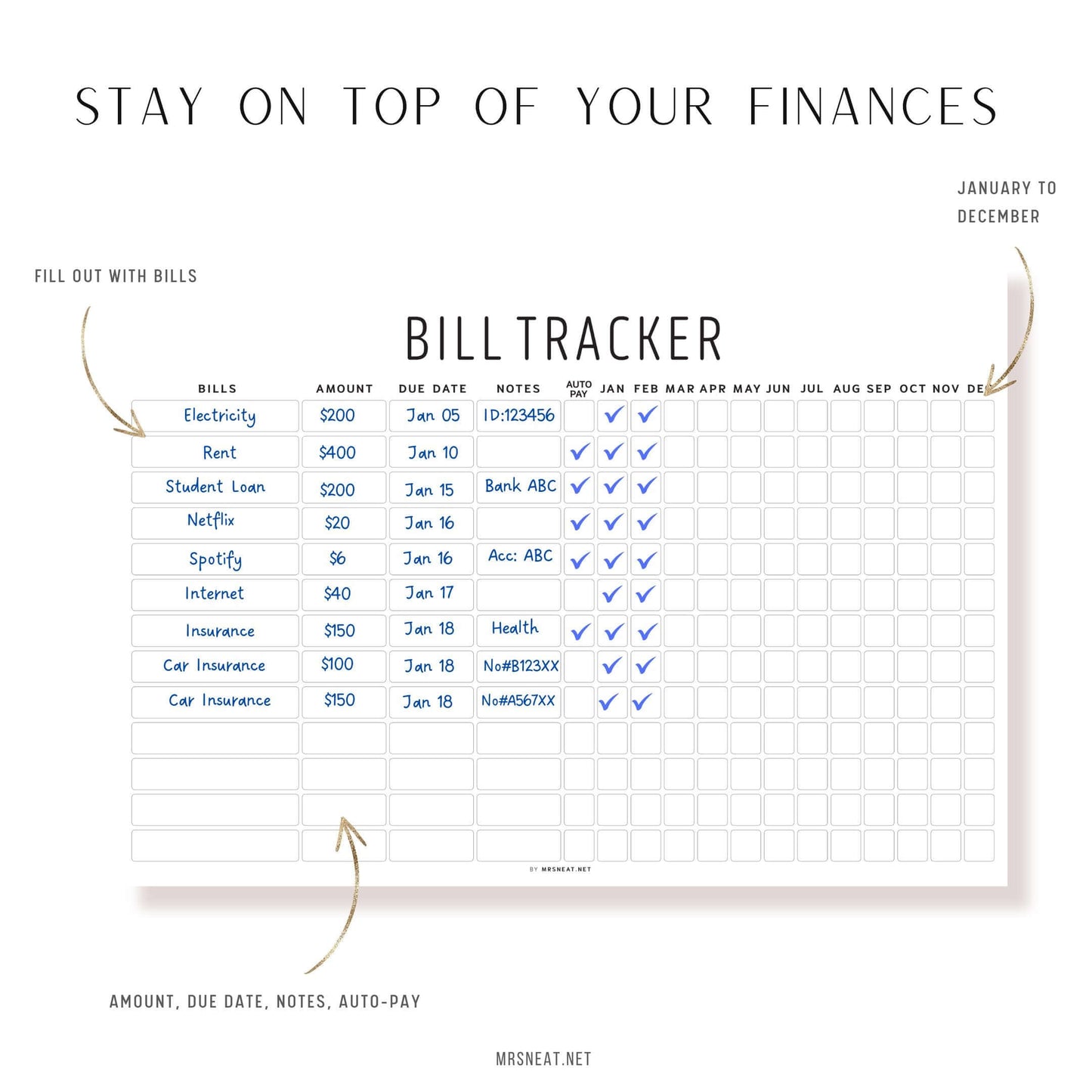 Minimalist Yearly Bill Tracker Printable, Digital Planner, PDF Fillable, A4 Size