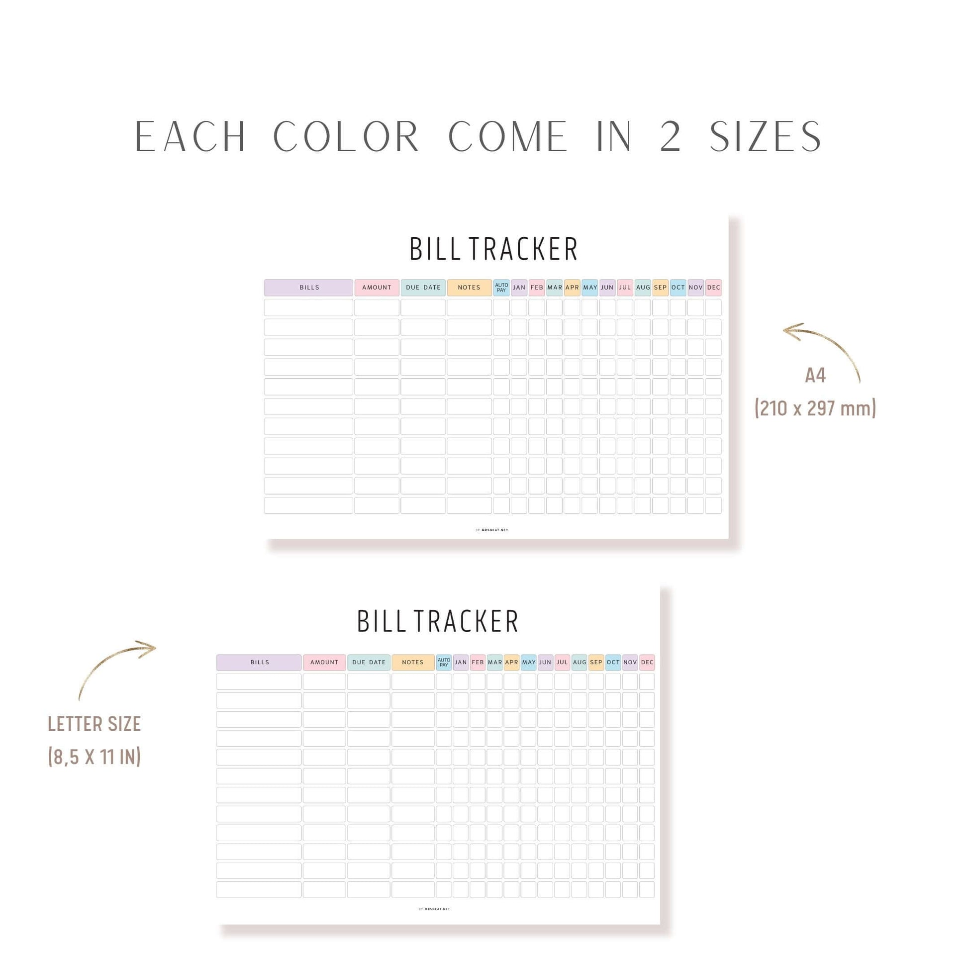 Colorful Yearly Bill Tracker Printable, Digital Planner, PDF Fillable, 2 Colors, A4 & Letter