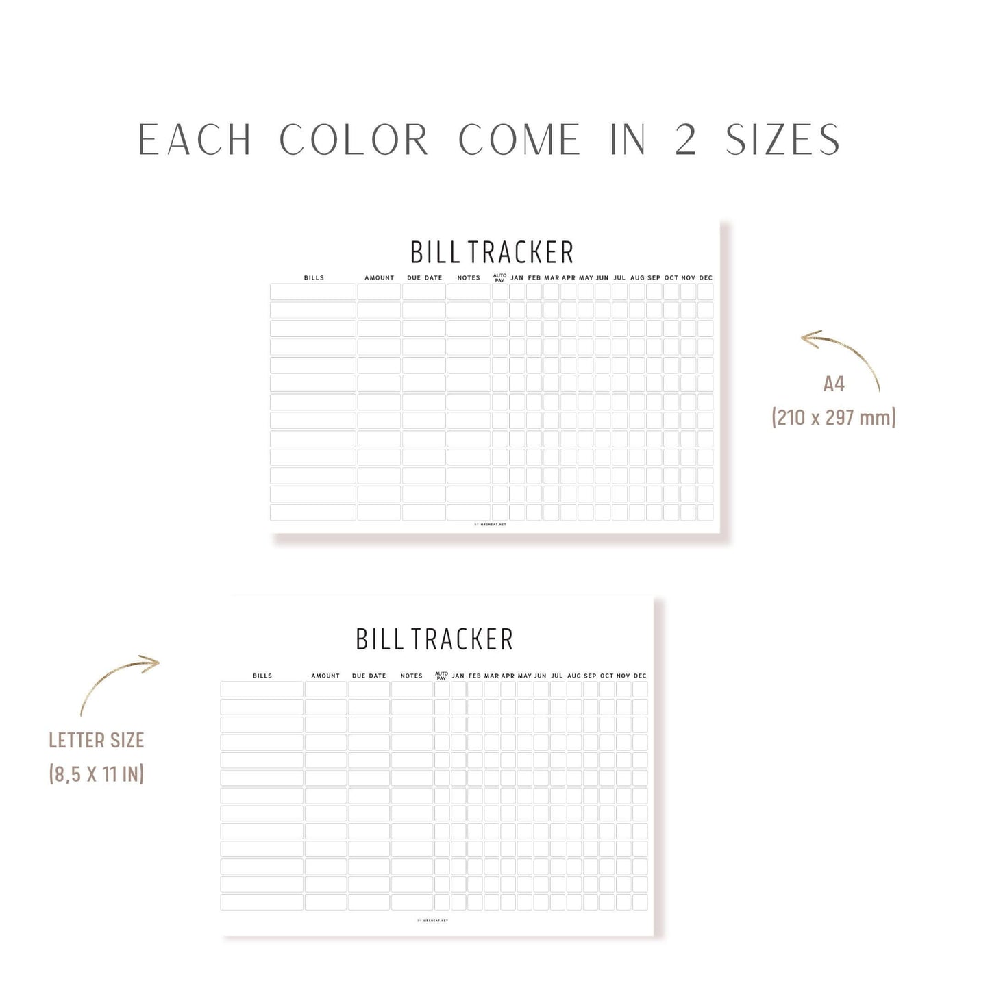 Minimalist Yearly Bill Tracker Printable, Digital Planner, PDF Fillable, 2 Colors, A4 & Letter size