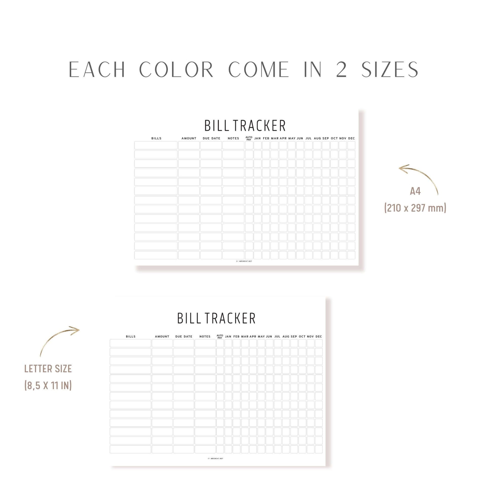 Minimalist Yearly Bill Tracker Printable, Digital Planner, PDF Fillable, 2 Colors, A4 & Letter size