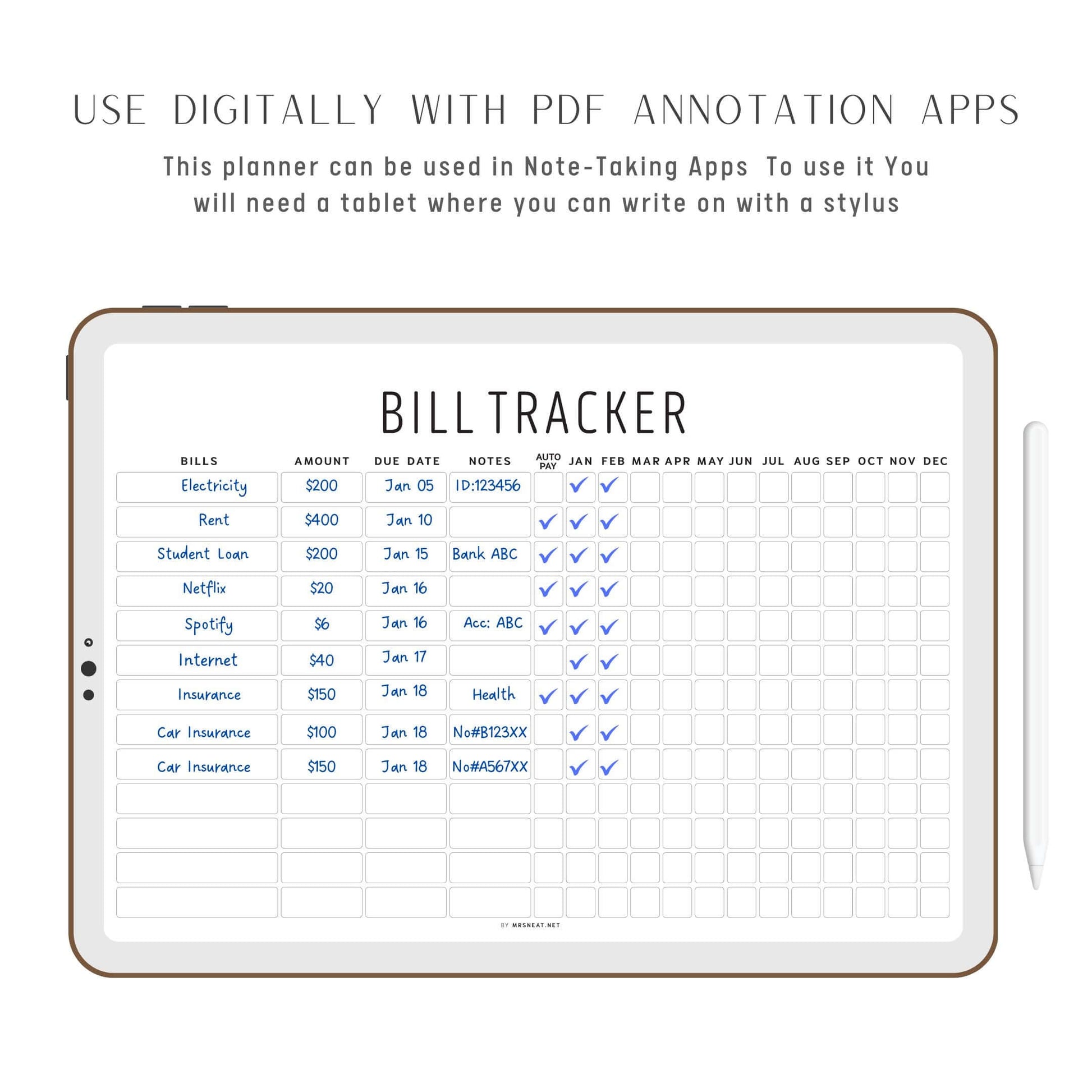 Yearly Bill Tracker Printable, Digital Planner, PDF Fillable, 2 Colors, Digital Tracker