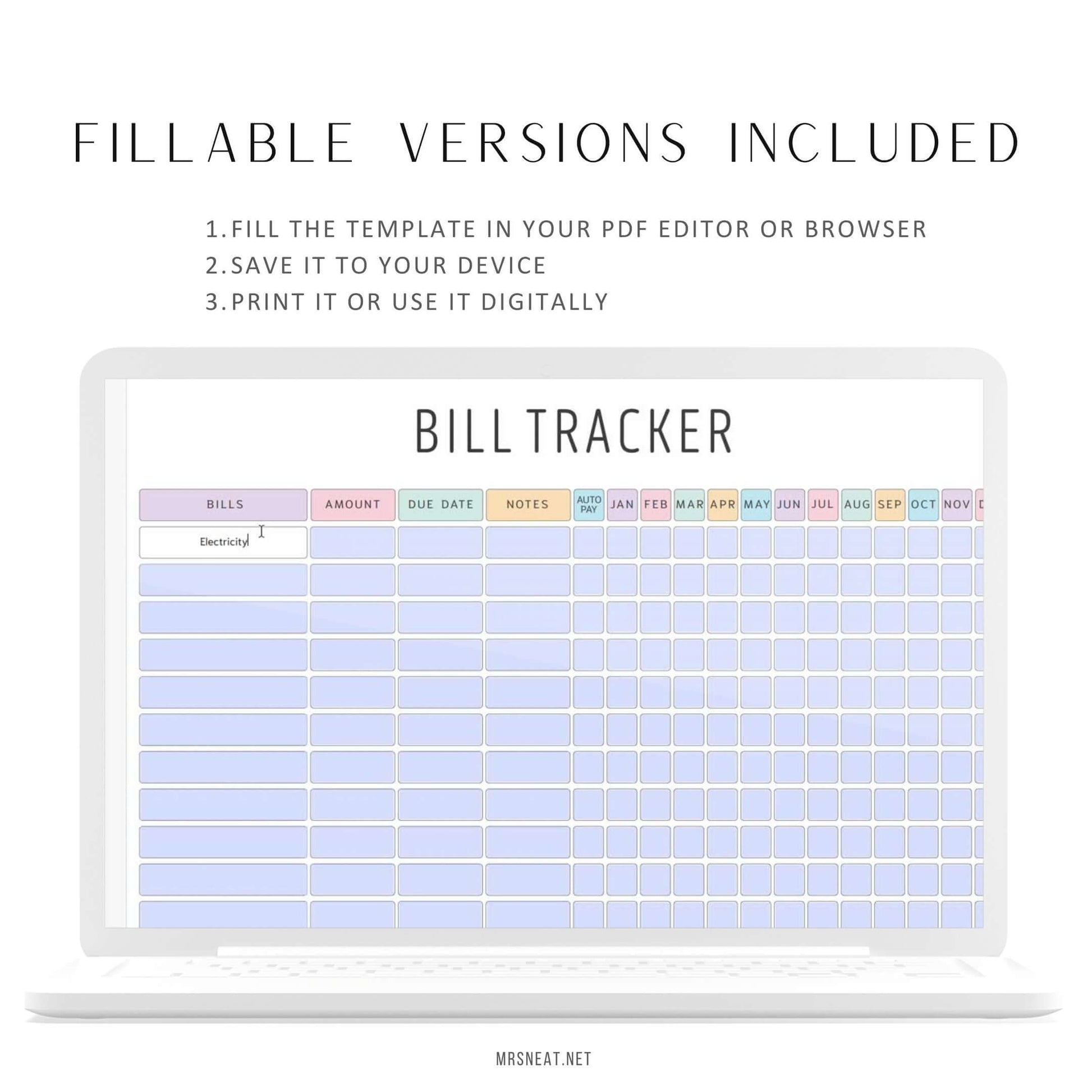 Yearly Bill Tracker Printable, Digital Planner, PDF Fillable, 2 Colors, Editable Planner