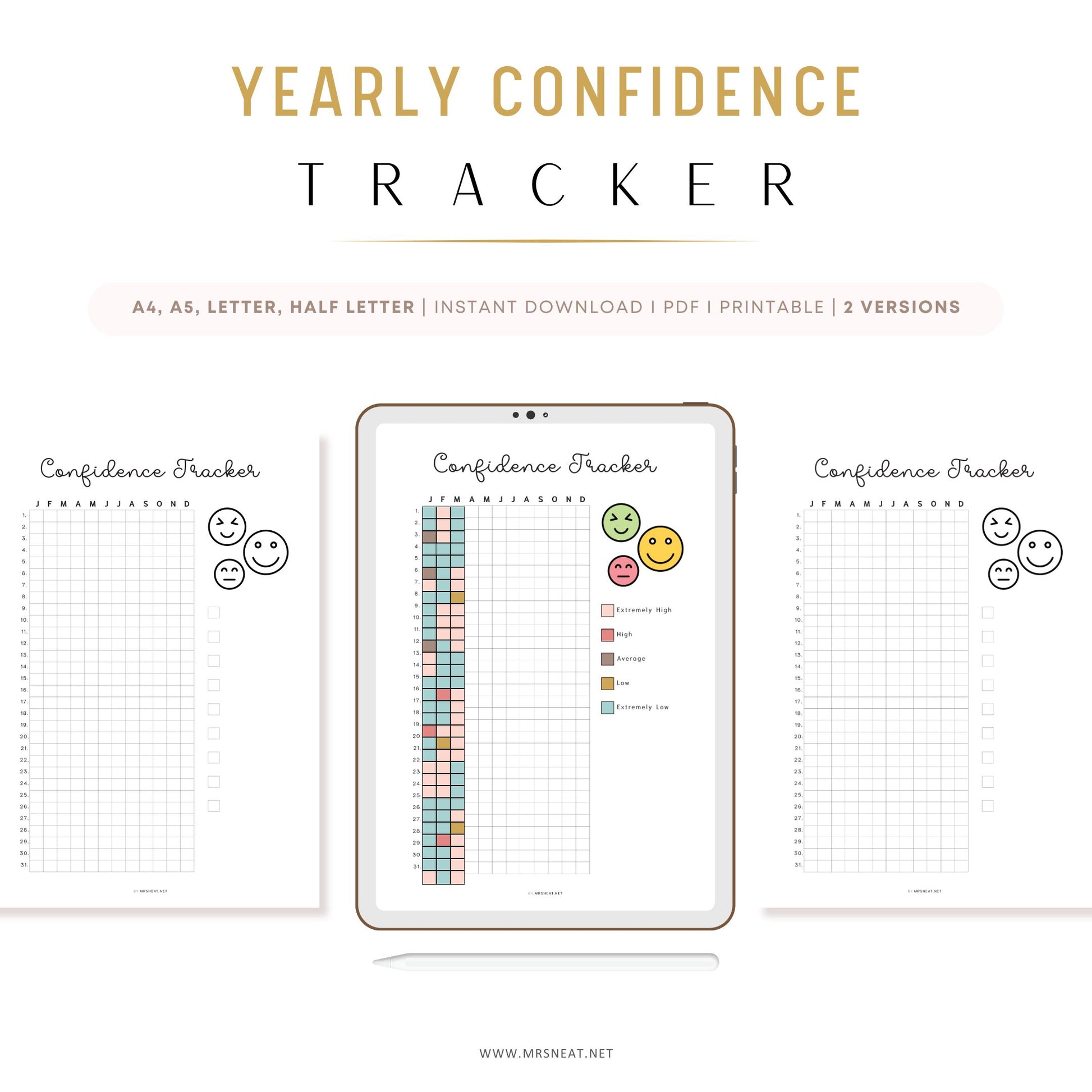 Confidence Tracker, PRINTABLE Journal Page, Planner Page, Track Confidence,  Self Esteem Tracker, Wellness Journal, Rate My Day, 2 Versions, Printable Planner, A4, A5, Letter, Half Letter, PDF, Digital Planner