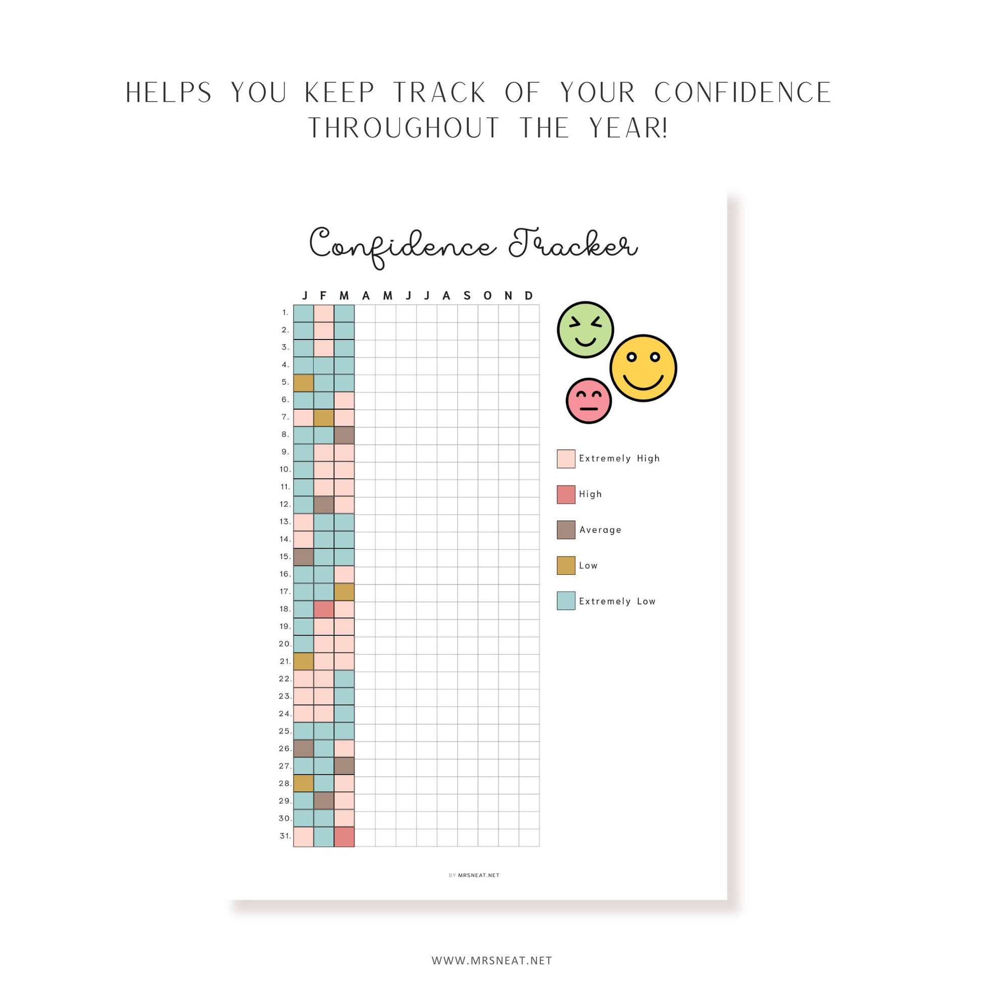 Confidence Tracker, PRINTABLE Journal Page, Planner Page, Track Confidence,  Self Esteem Tracker, Wellness Journal, Rate My Day, 2 Versions, Printable Planner, A4, A5, Letter, Half Letter, PDF, Digital Planner