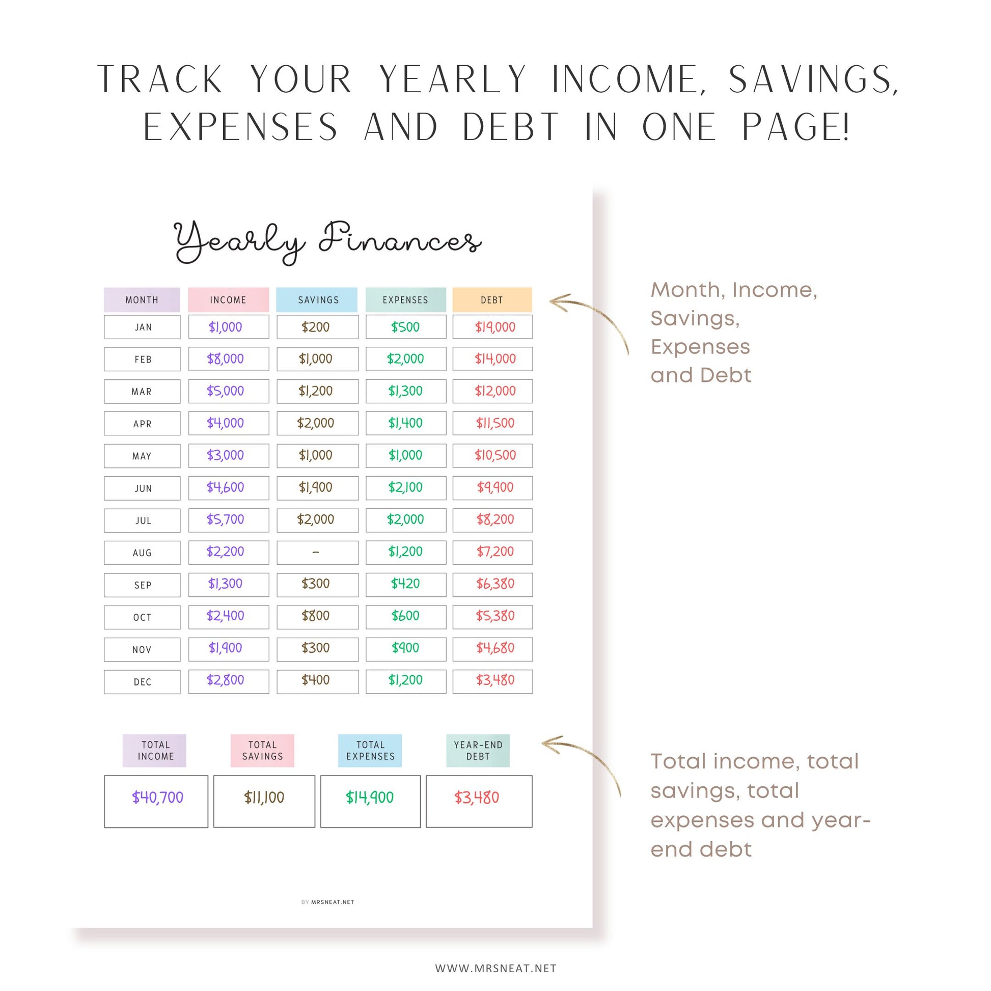 Yearly Finances Planner Printable, 2 colors, Fillable version included, A4, A5, Letter, Half Letter, Printable Planner, Digital Planner, Year at a glance