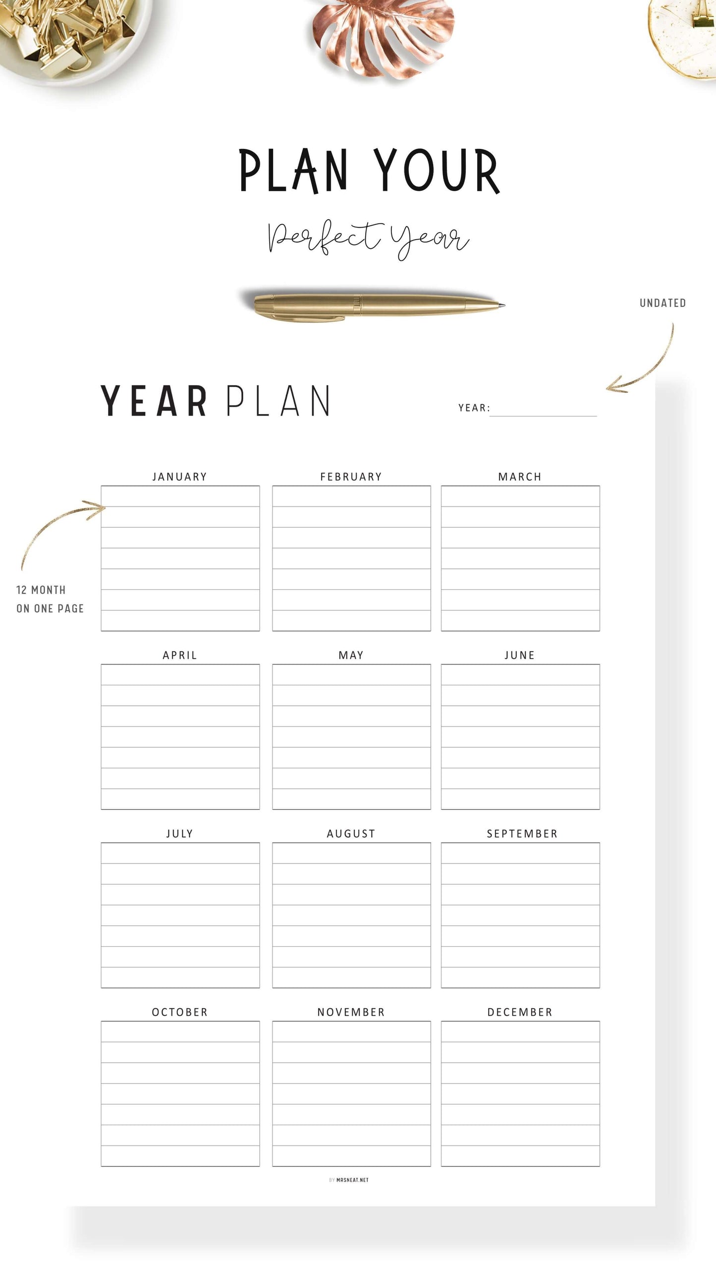 Printable Yearly Planner Template, Minimalist and Colorful Style, A4, Letter, Half Letter, PDF, Digital Planner