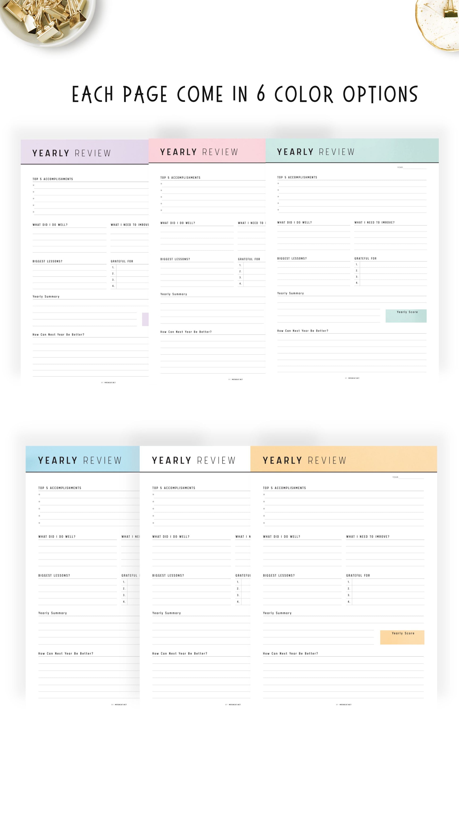 6 colors Yearly Review Template Printable