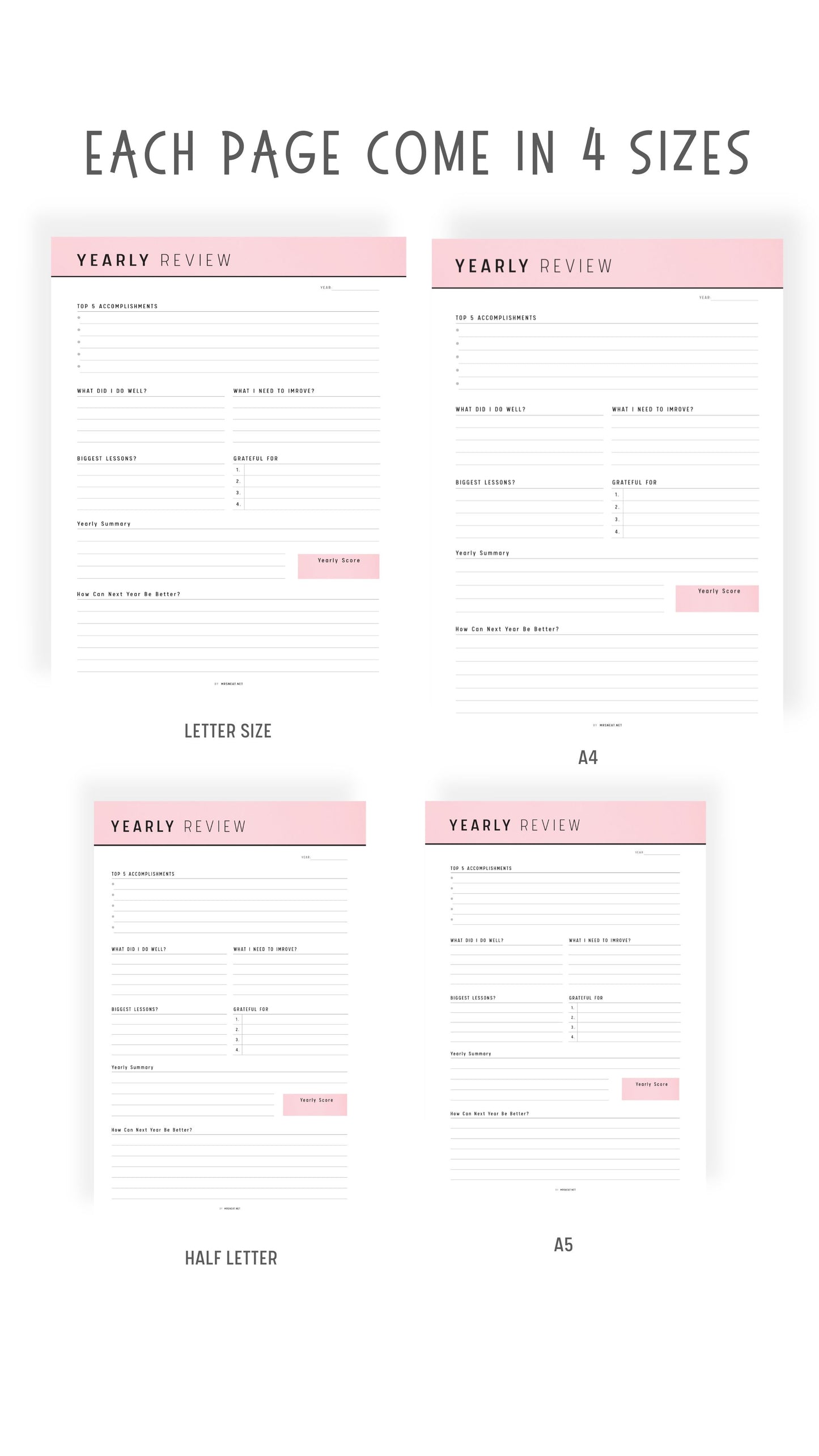 A4, A5, Letter, Half Letter Yearly Review Template Printable