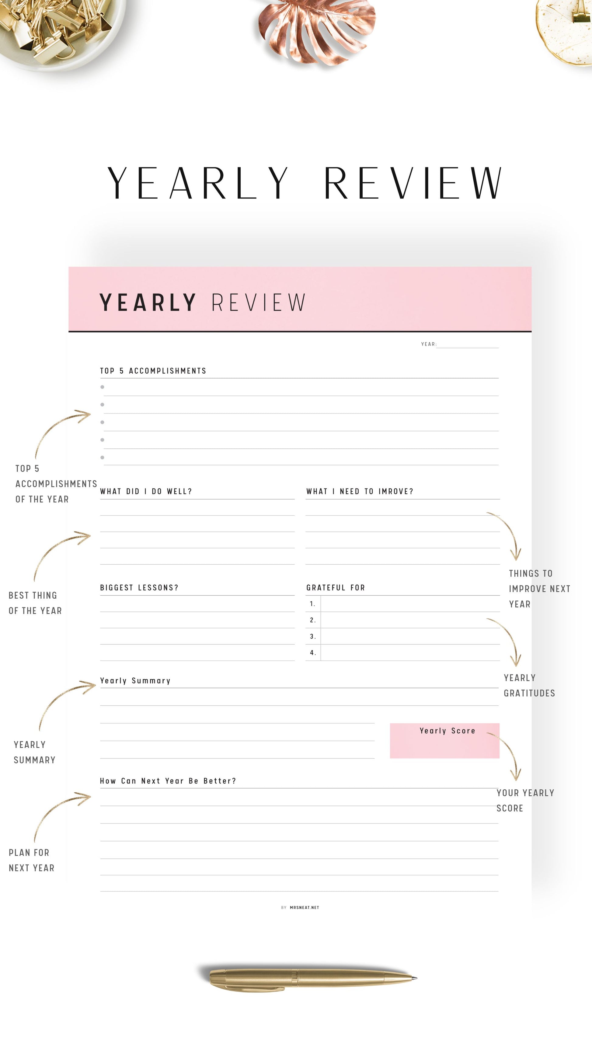 Pink Yearly Review Template Printable