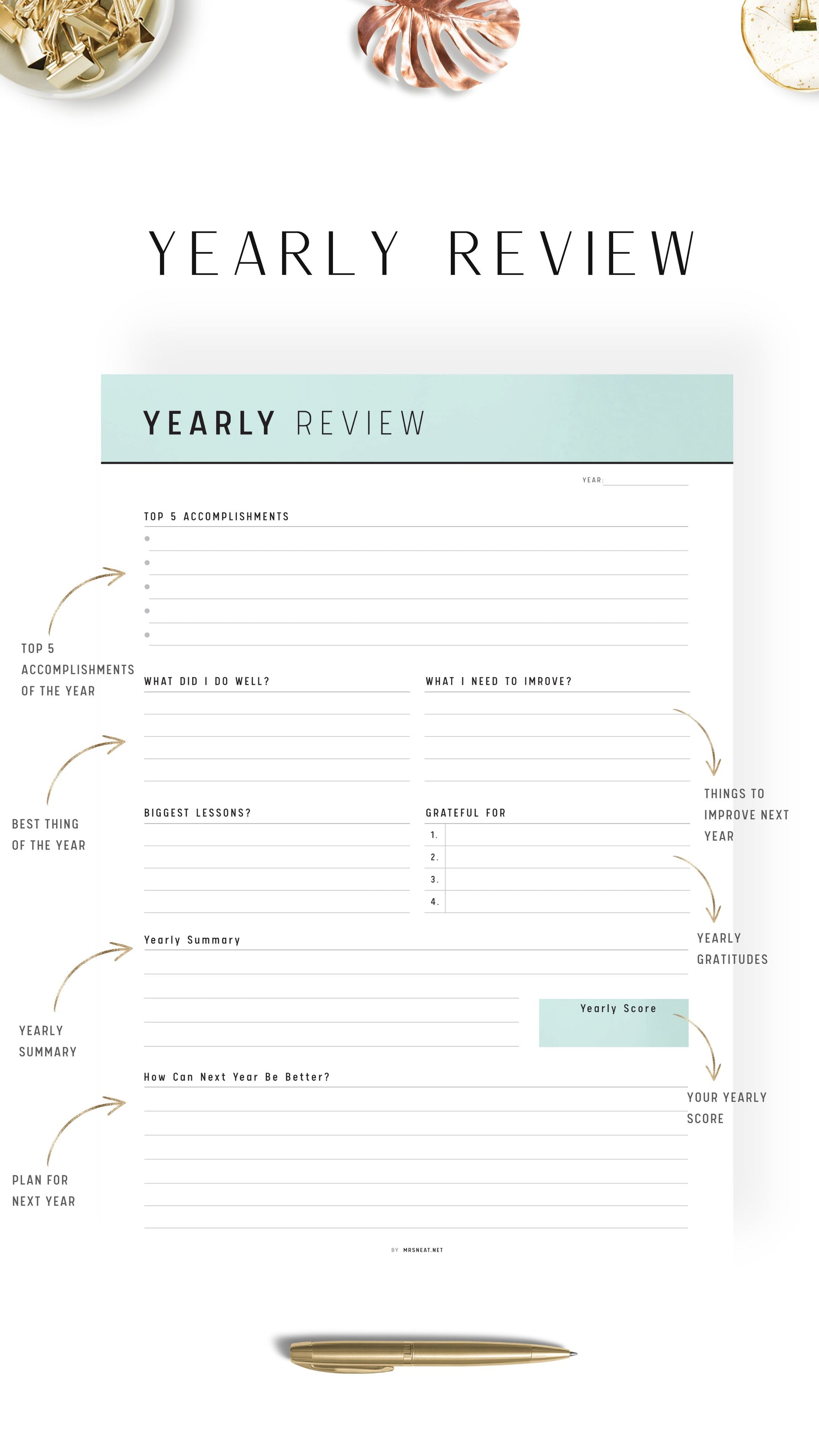 Green Yearly Review Template Printable