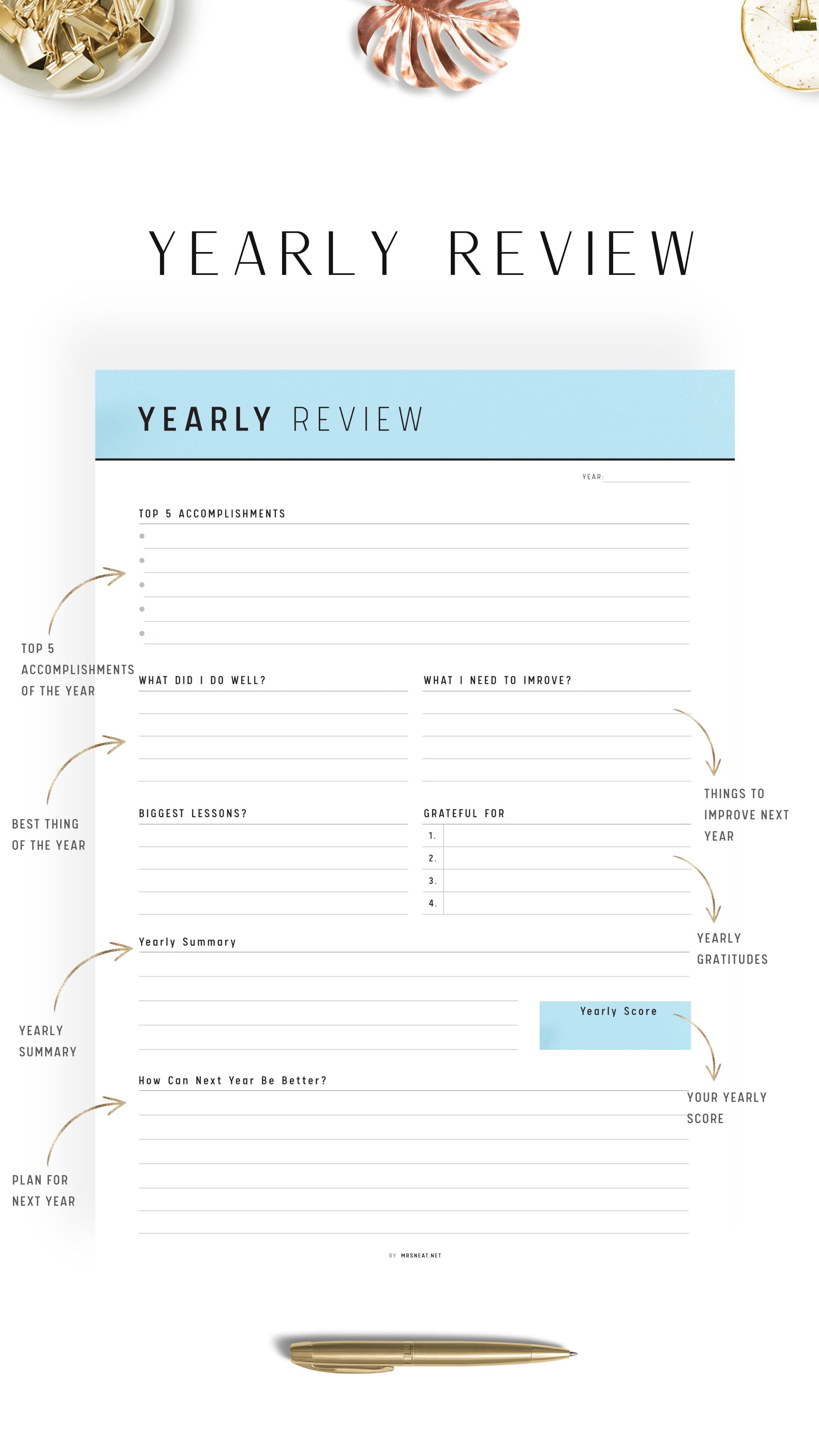 Blue Yearly Review Template Printable