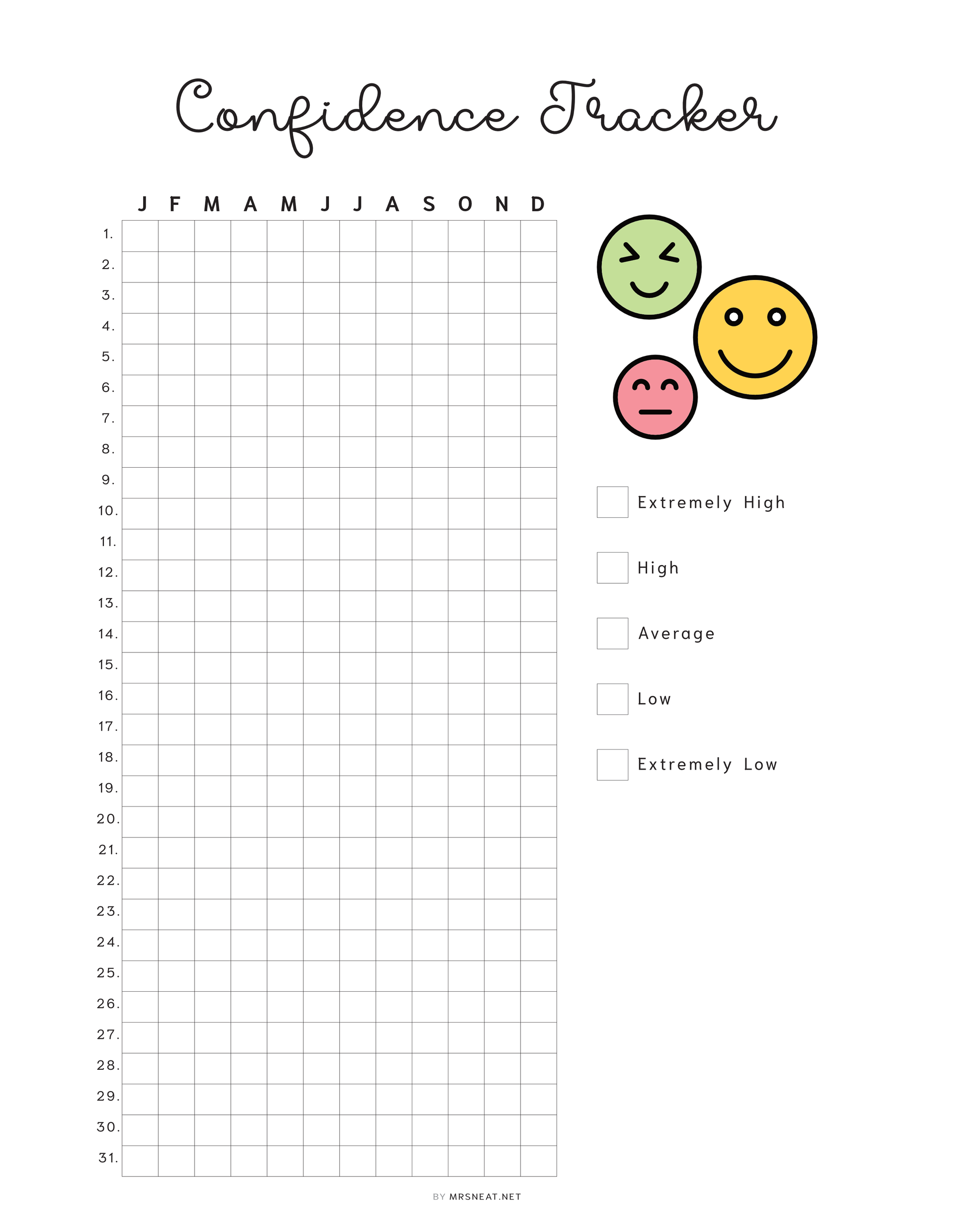 Confidence Tracker, PRINTABLE Journal Page, Planner Page, Track Confidence,  Self Esteem Tracker, Wellness Journal, Rate My Day, 2 Versions, Printable Planner, A4, A5, Letter, Half Letter, PDF, Digital Planner