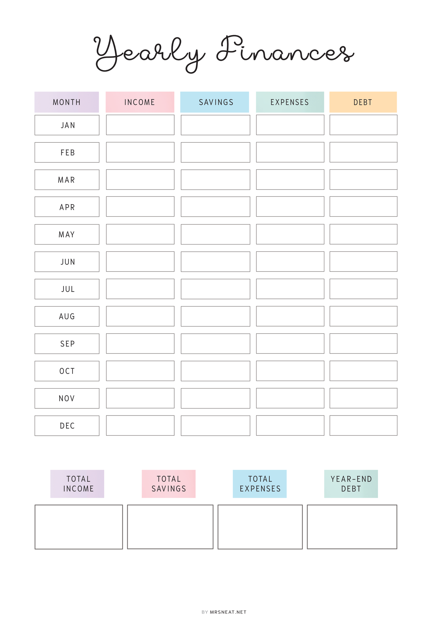 Yearly Finances Planner Printable, 2 colors, Fillable version included, A4, A5, Letter, Half Letter, Printable Planner, Digital Planner, Year at a glance