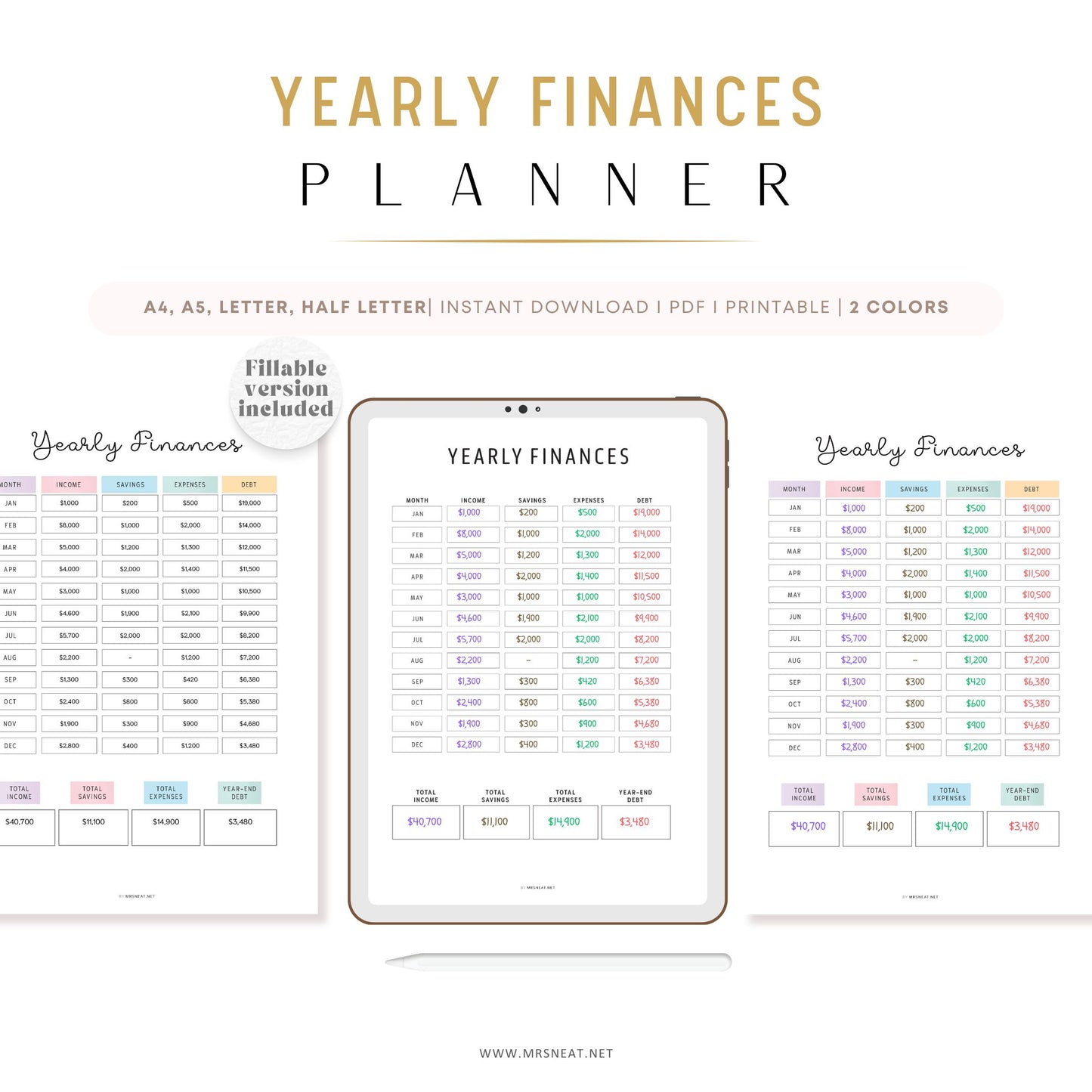 Fillable Yearly Finance Tracker, Yearly Finances Template, Yearly Income Tracker, Finance Tracker, Expense Tracker, Money Tracker, 2 Colors