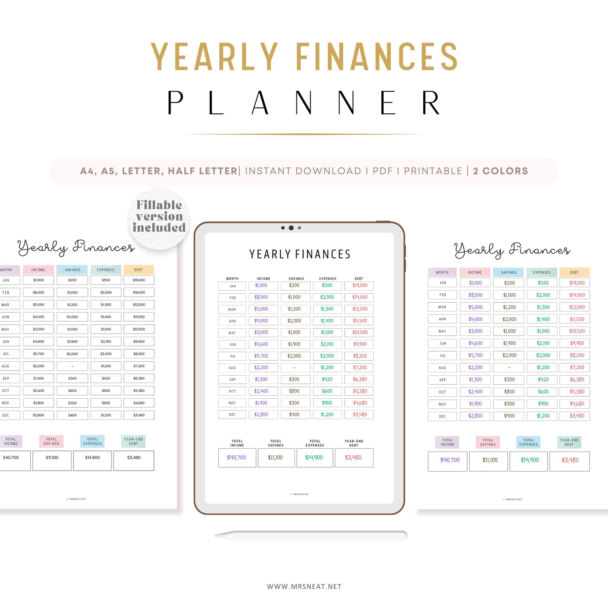 Fillable Yearly Finance Tracker, Yearly Finances Template, Yearly Income Tracker, Finance Tracker, Expense Tracker, Money Tracker, 2 Colors