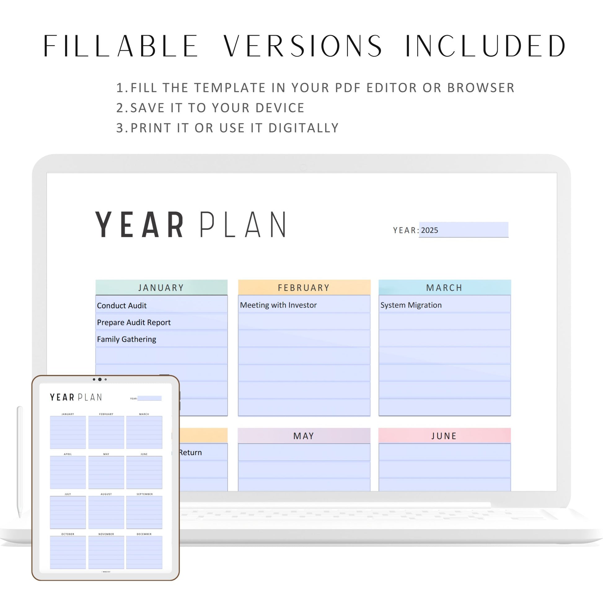 Printable Yearly Planner, Fillable Yearly overview on one page, Year at a glance, Undated Minimalist Planner, Annual Planner, 2 versions