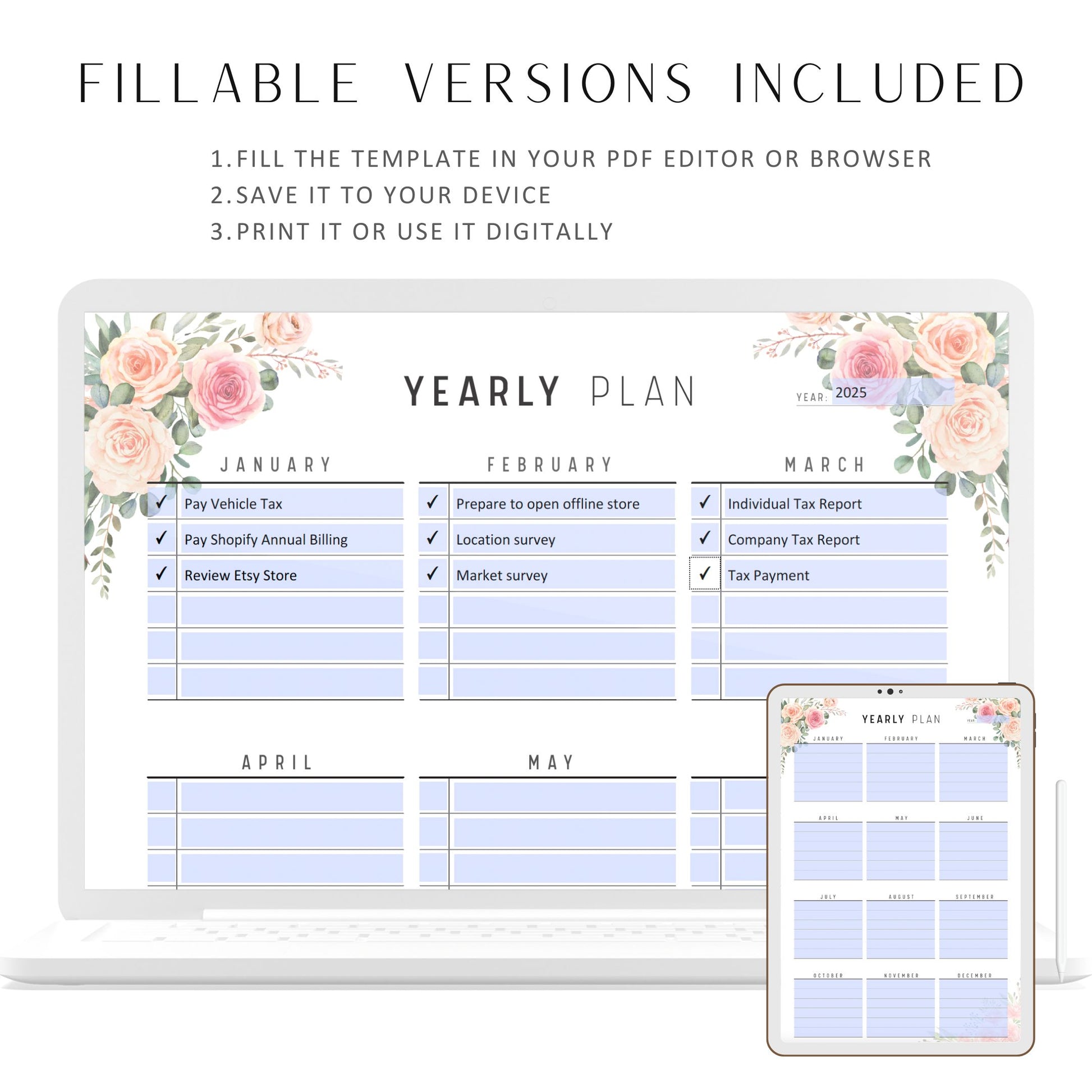 Floral Yearly Planner Printable, Digital Yearly Planner, Editable PDF Yearly Planner, Floral Theme, Beautiful Yearly Planner