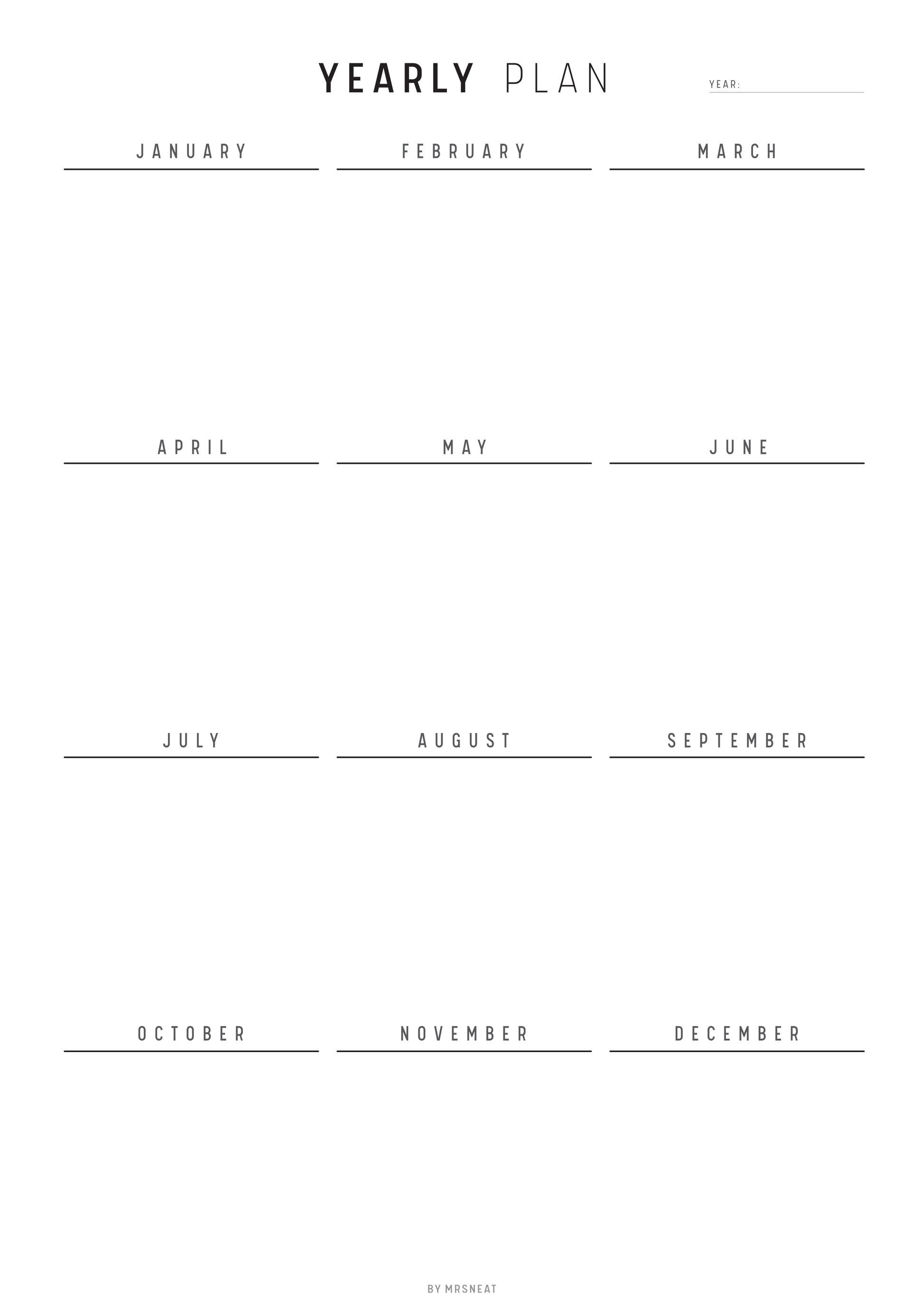 Yearly plan calendar with months listed vertically on a white background
