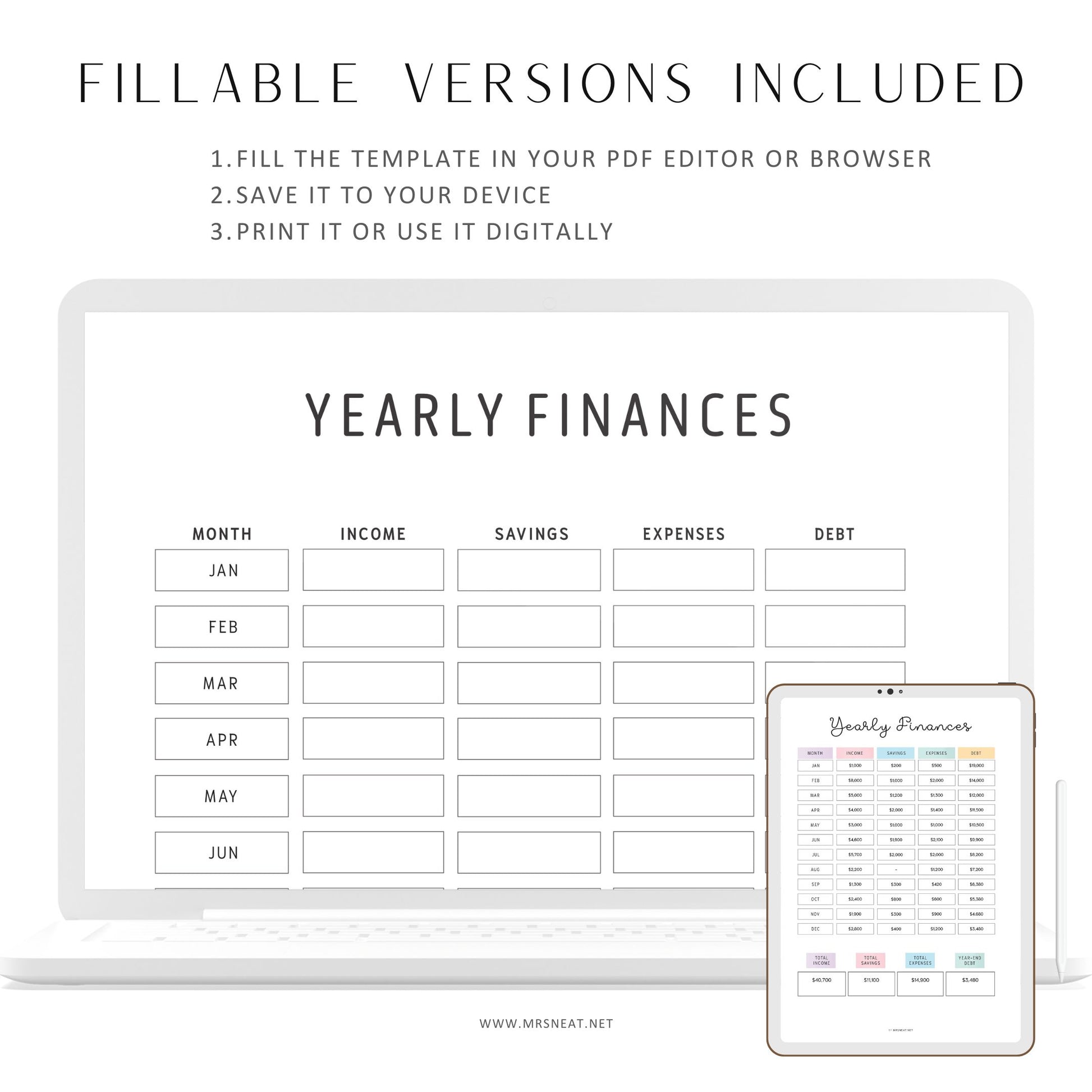 Yearly Finances Planner Printable, 2 colors, Fillable version included, A4, A5, Letter, Half Letter, Printable Planner, Digital Planner, Year at a glance