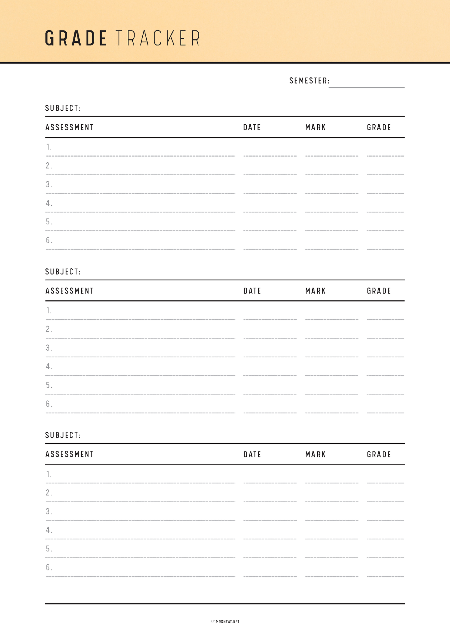 Grade tracker sheet with columns for subject, assessment, date, mark, and grade on a white background.