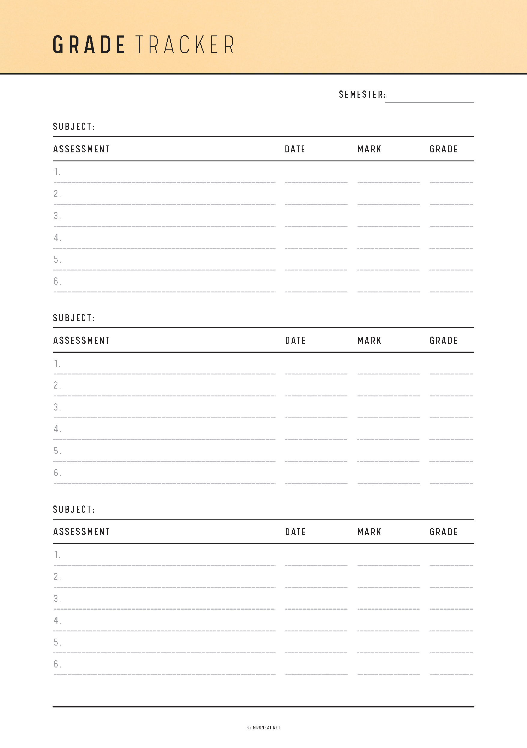 Grade tracker sheet with columns for subject, assessment, date, mark, and grade on a white background.