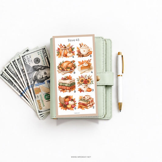 Autumn savings challenge featuring warm watercolor pumpkins coffee and fall decorations