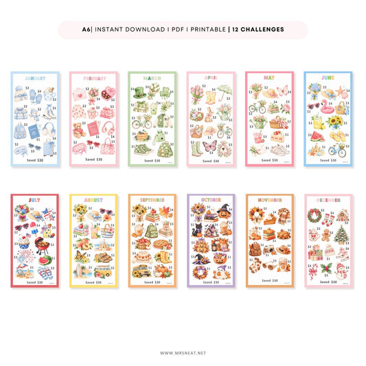 Annual 12 months savings challenge printable with 12 monthly watercolor savings trackers