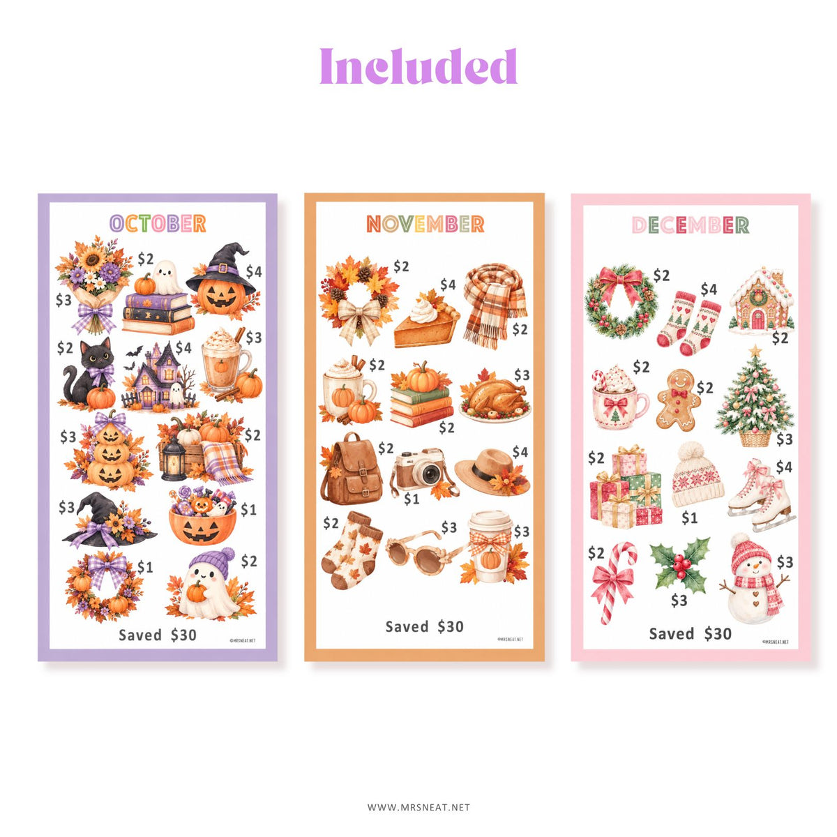 Annual cash stuffing savings challenge with 12 cute monthly A6 trackers