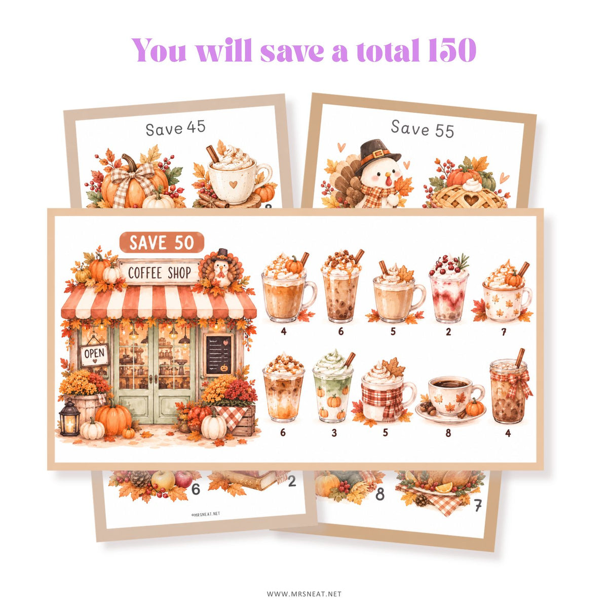 Autumn savings challenge printable with a $150 total savings goal