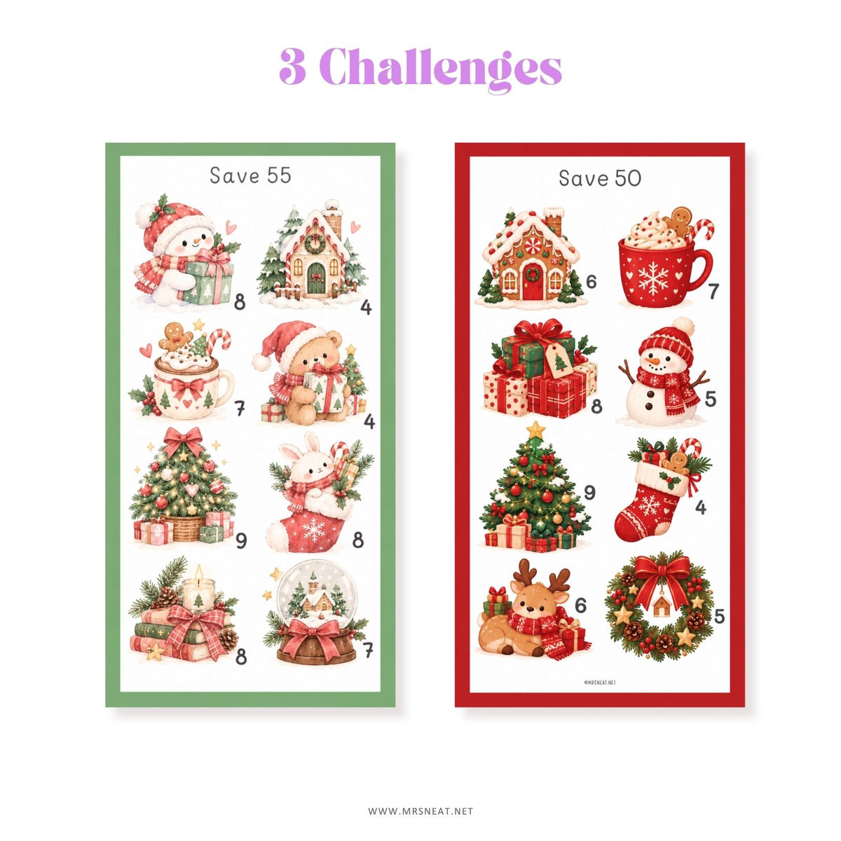 Cute Christmas money saving challenge with festive watercolor illustrations