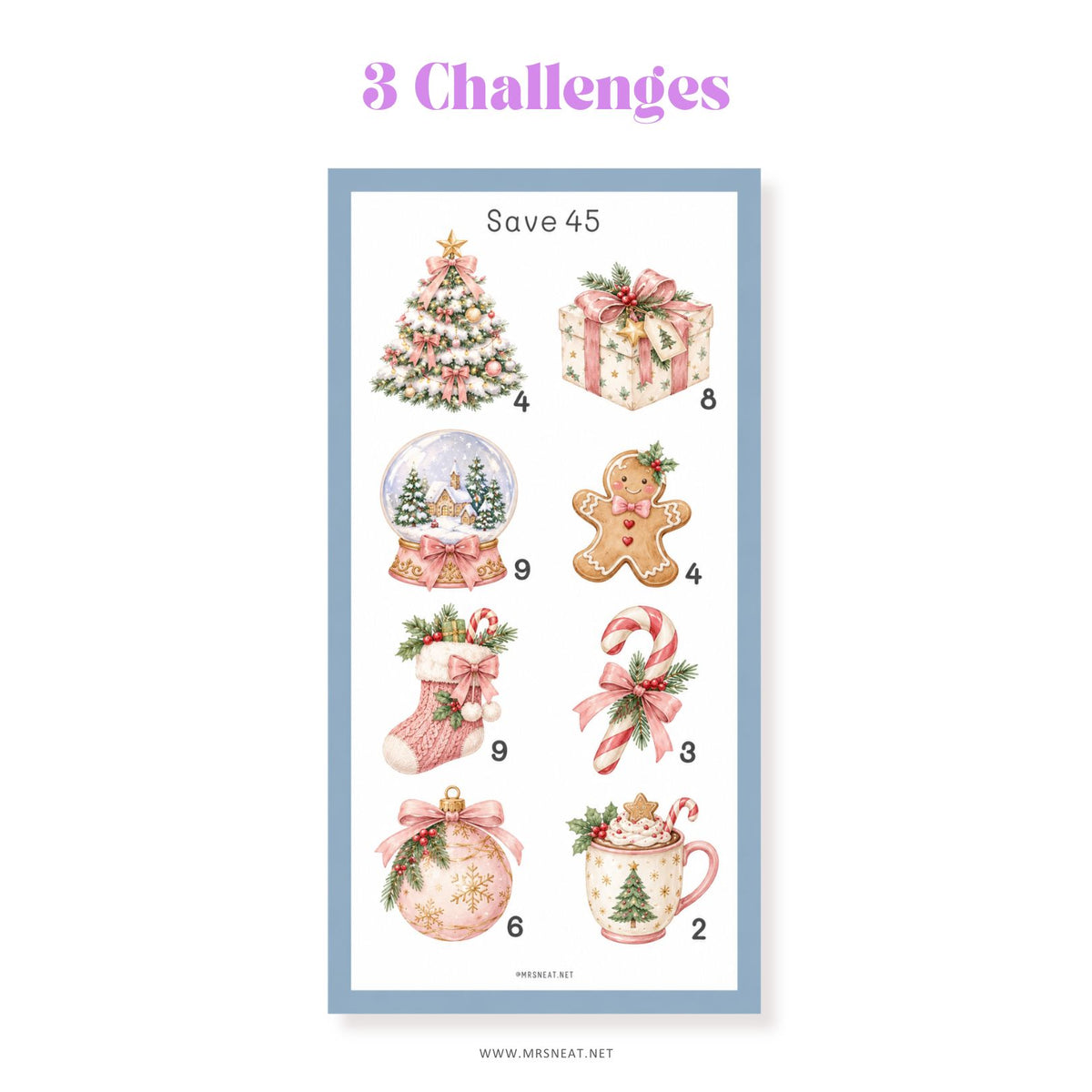 Christmas savings tracker printable with trees gifts and holiday decorations
