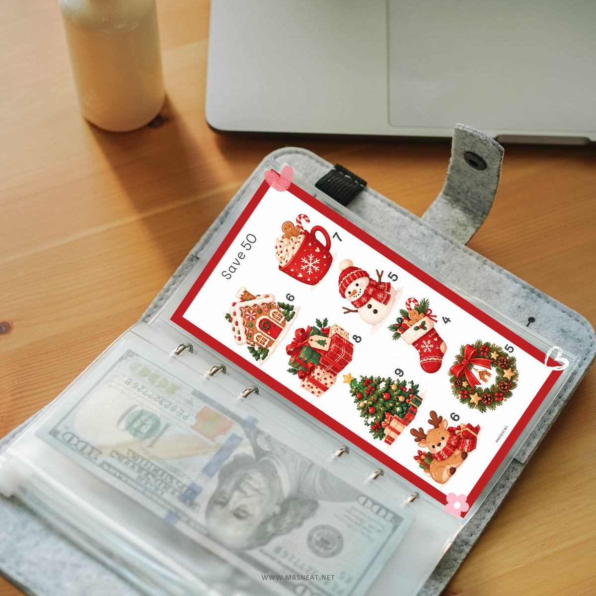 Cute Christmas savings challenge with gingerbread cookies gifts and Christmas trees