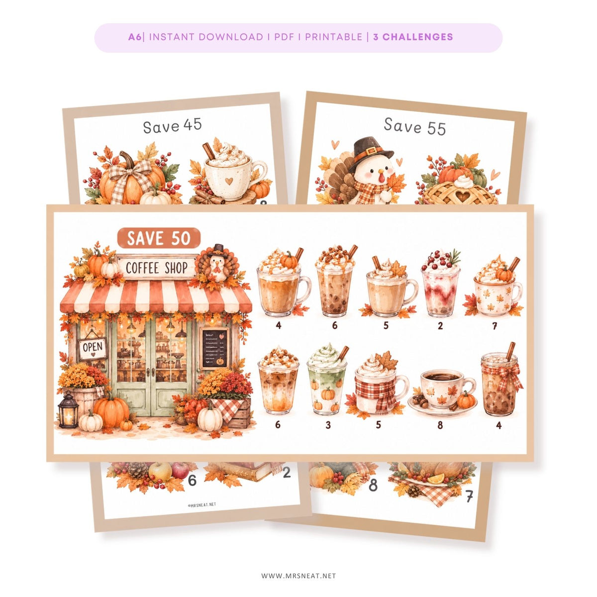 Cute fall savings challenge printable with cozy autumn watercolor illustrations