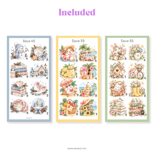 Seasonal savings challenge printable with cute pastel watercolor illustrations